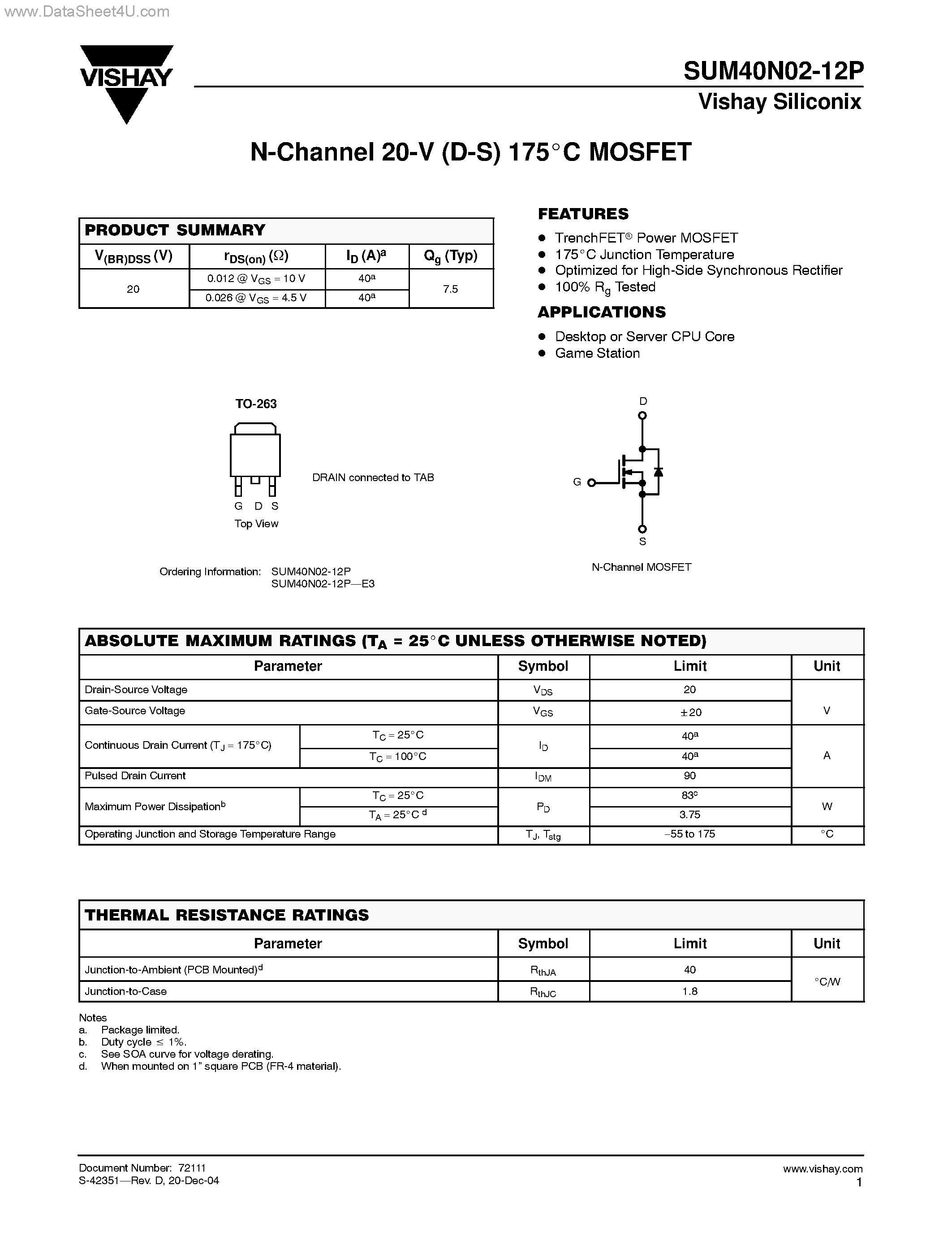Datasheet SUM40N02-12P - N-Channel MOSFET page 1
