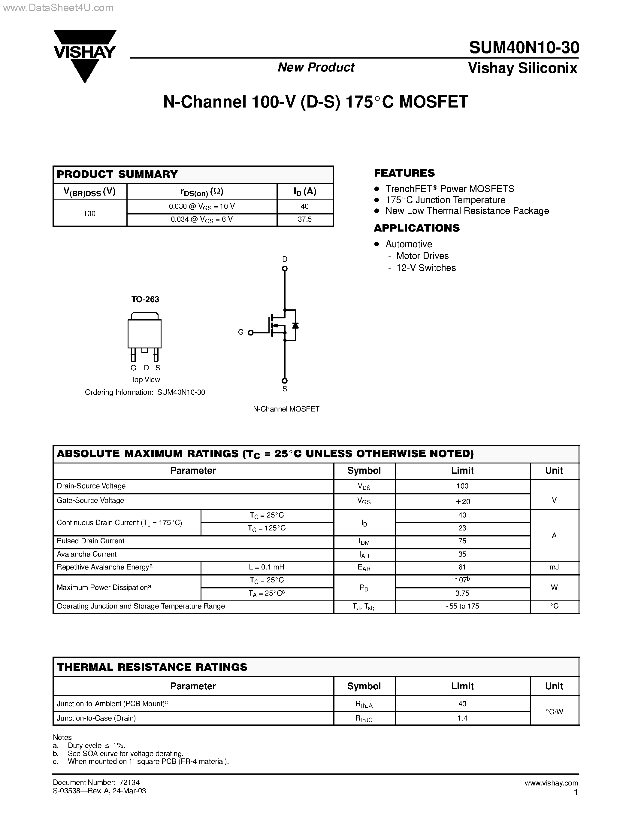 Datasheet SUM40N10-30 - N-Channel MOSFET page 1