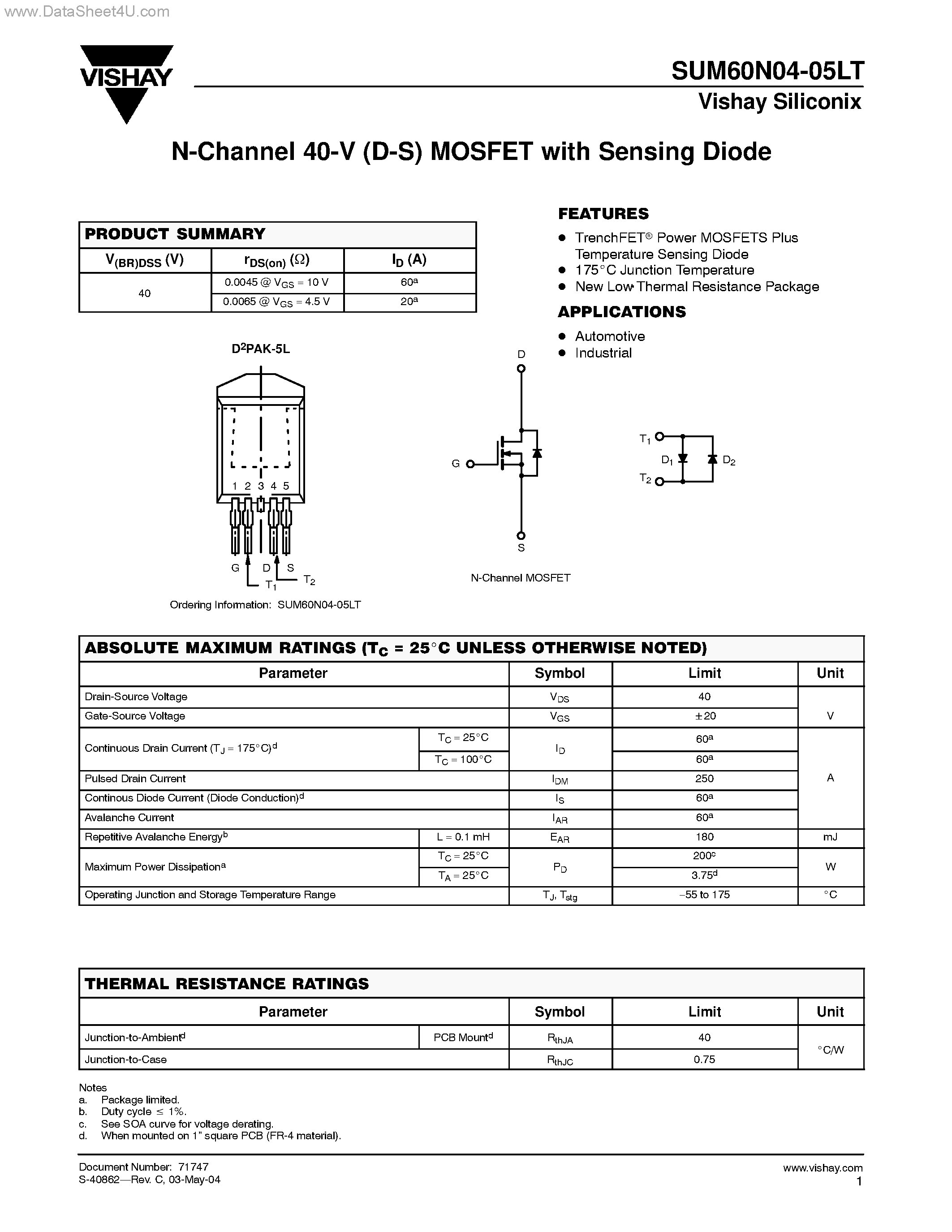 Datasheet SUM60N04-05LT - N-Channel MOSFET page 1