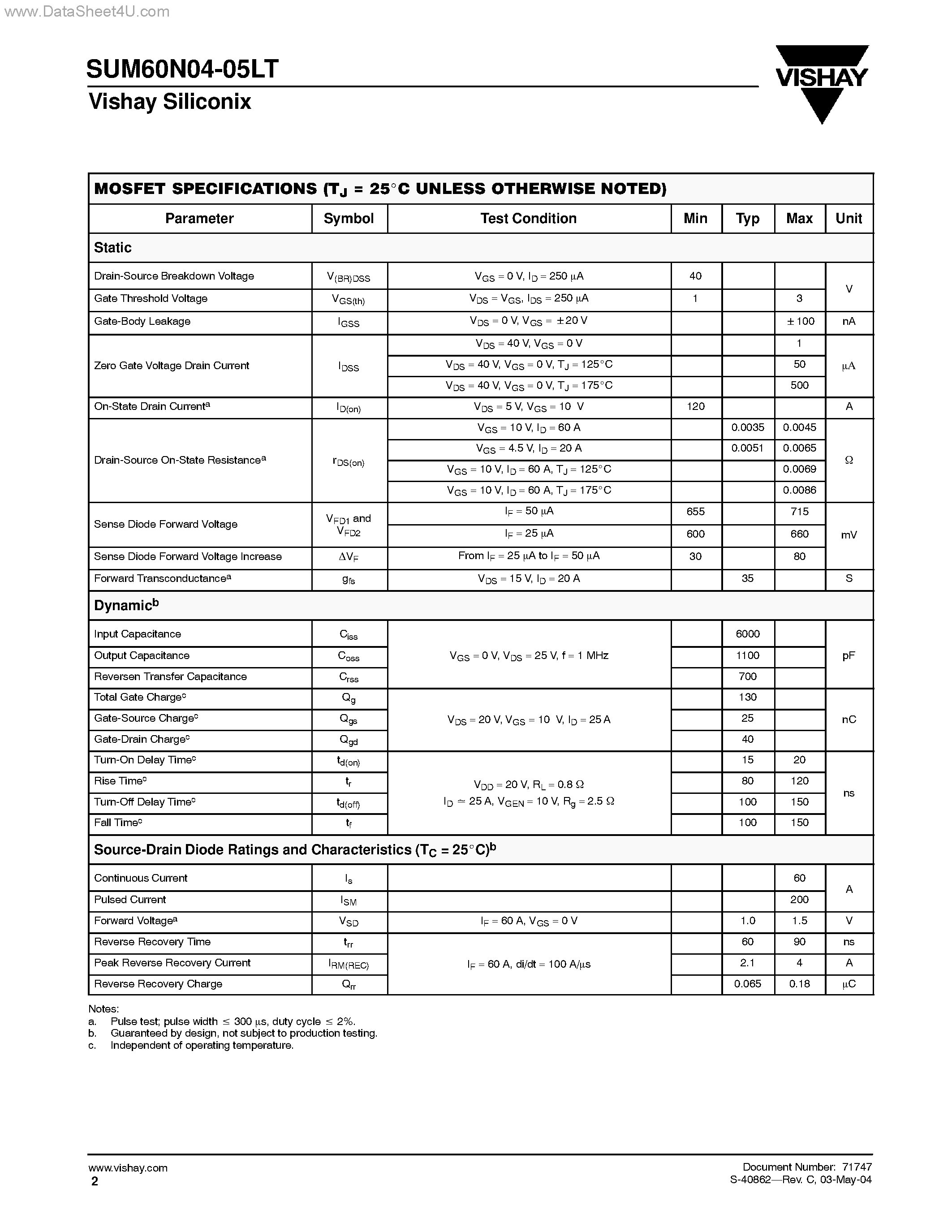 Datasheet SUM60N04-05LT - N-Channel MOSFET page 2