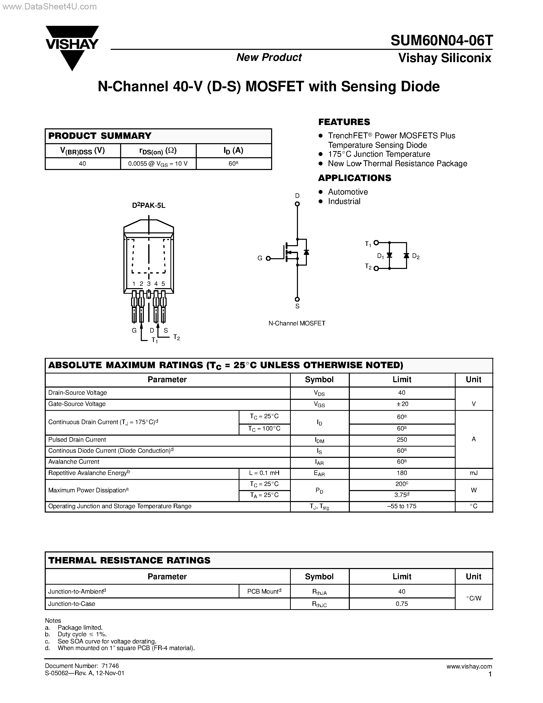 Datasheet SUM60N04-06T page 1 Datasheet SUM60N04-06T - N-Channel MOSFET page 1