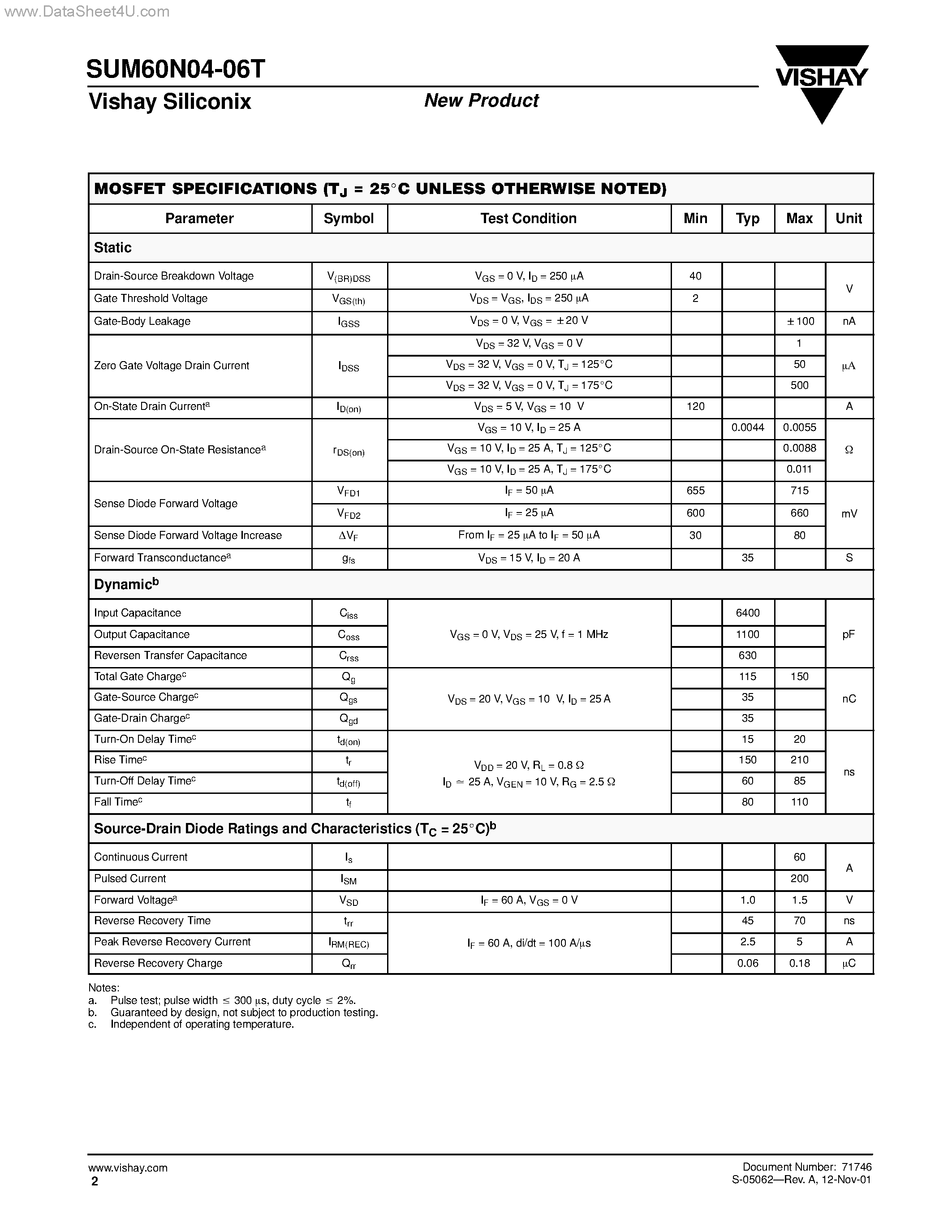 Datasheet SUM60N04-06T page 2 Datasheet SUM60N04-06T - N-Channel MOSFET page 2