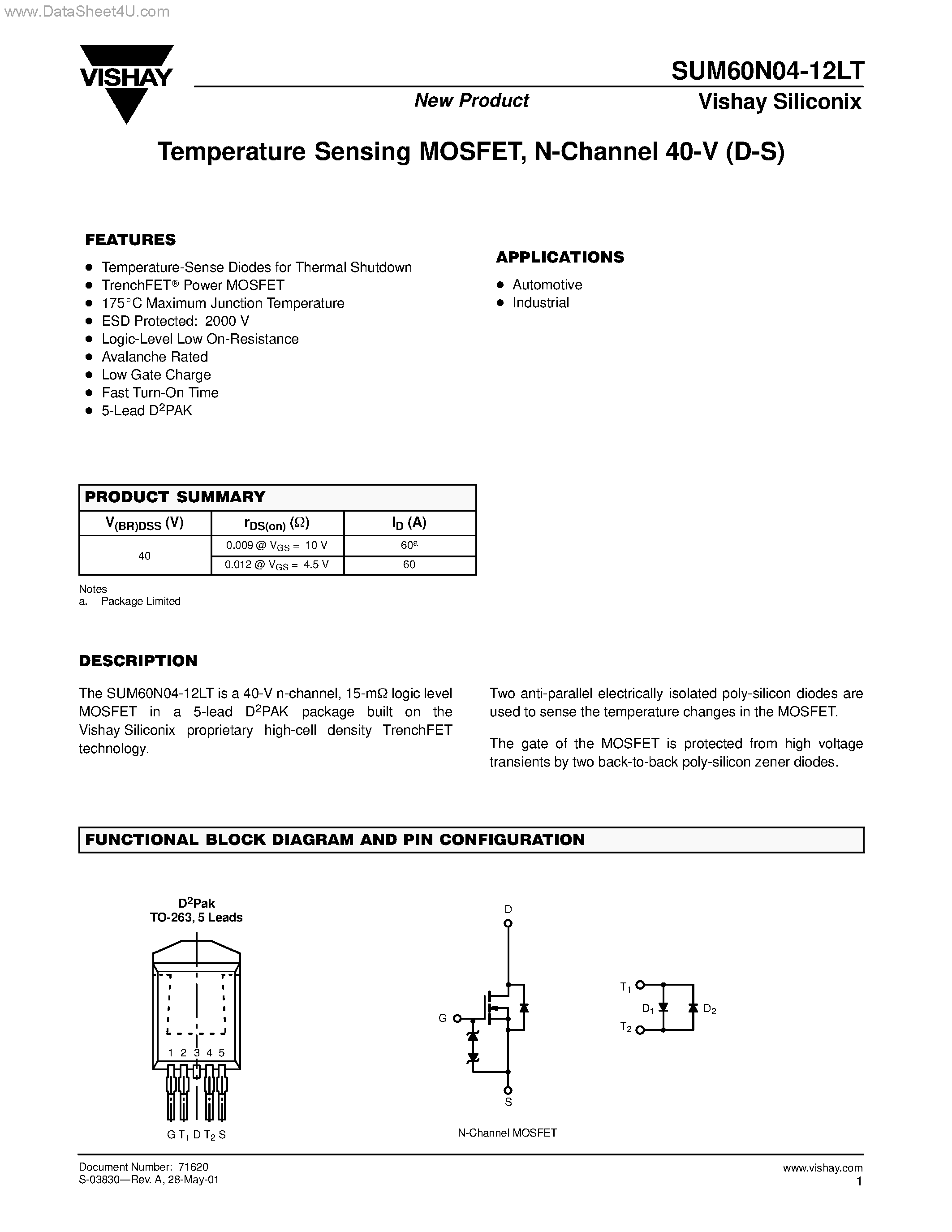 Datasheet SUM60N04-12LT - N-Channel MOSFET page 1