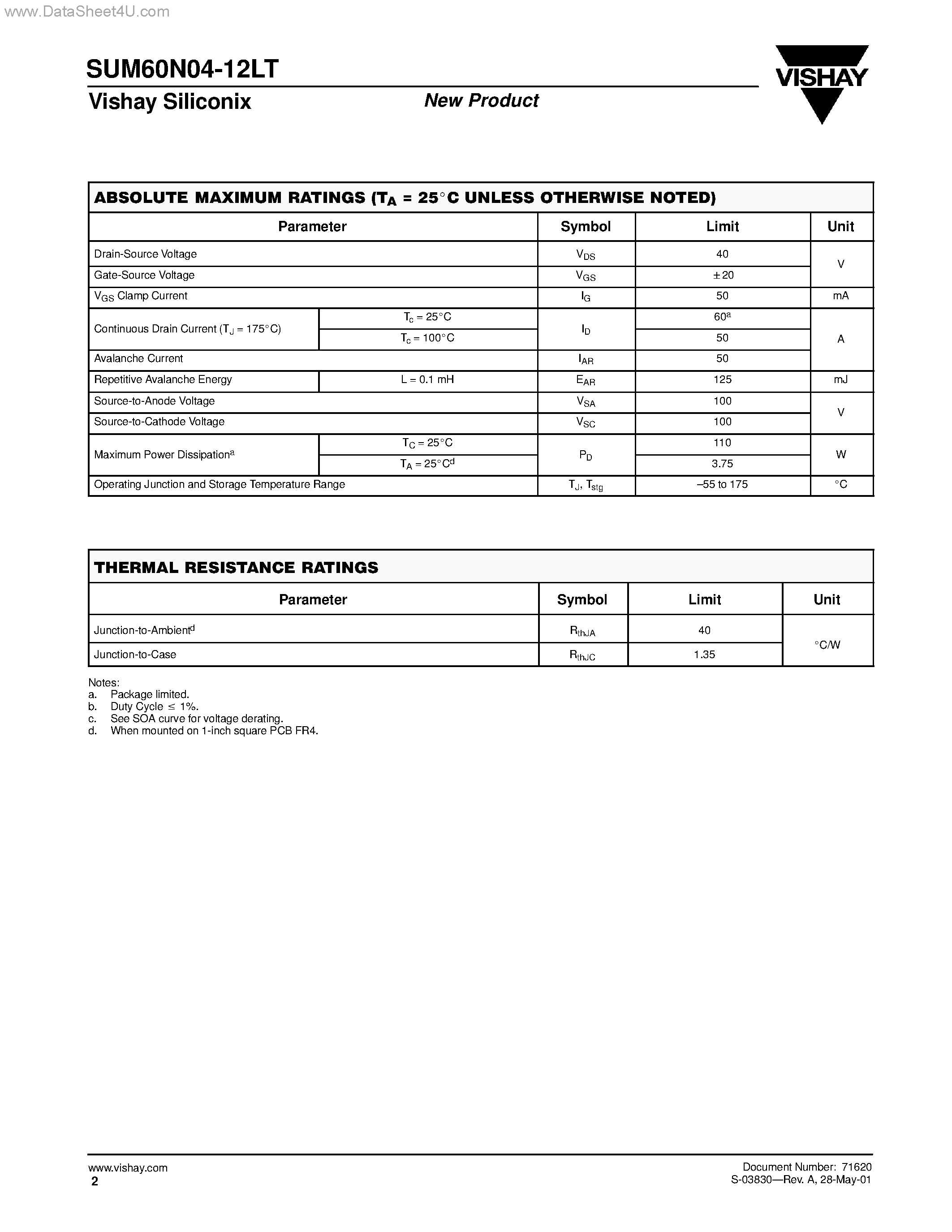 Datasheet SUM60N04-12LT - N-Channel MOSFET page 2