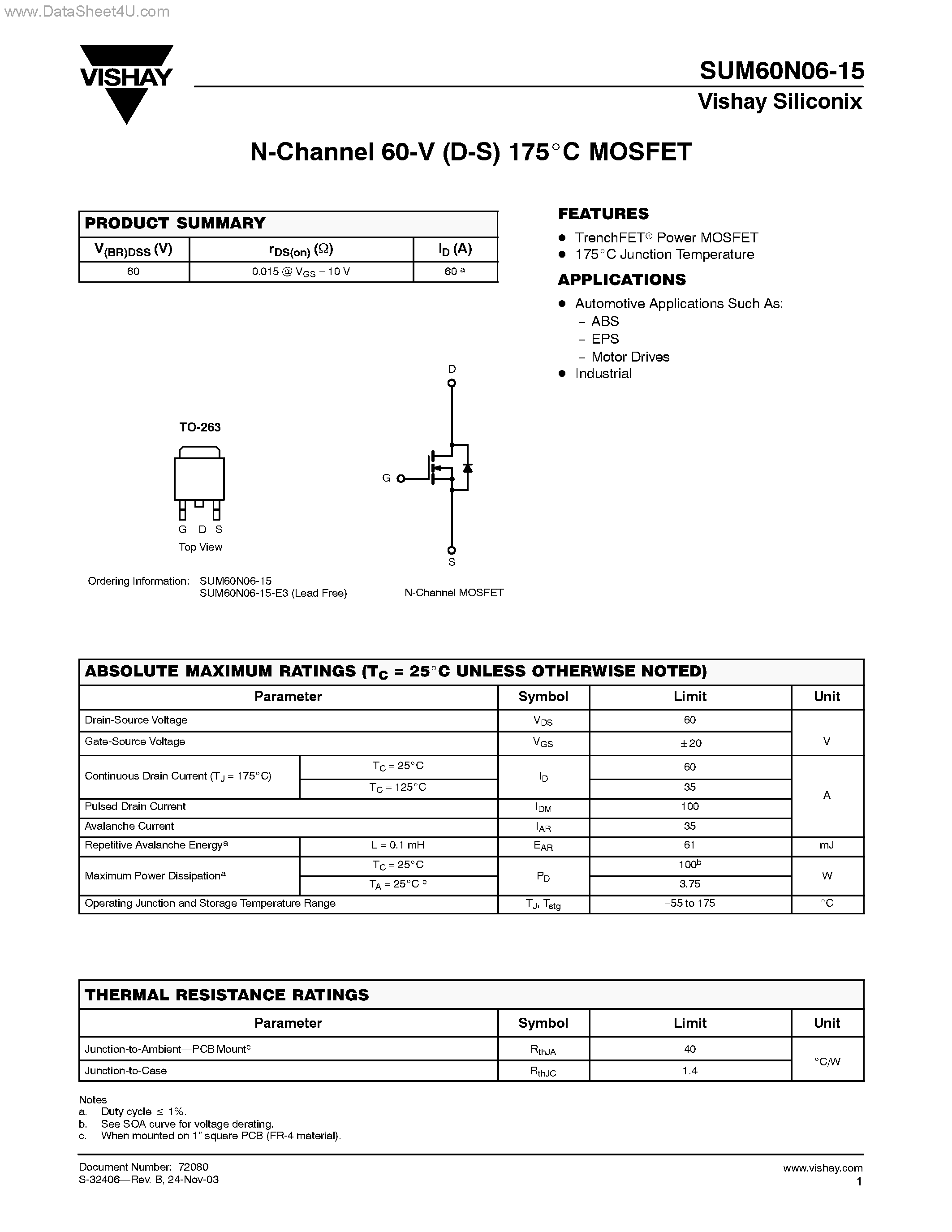 Datasheet SUM60N06-15 page 1 Datasheet SUM60N06-15 - N-Channel MOSFET page 1