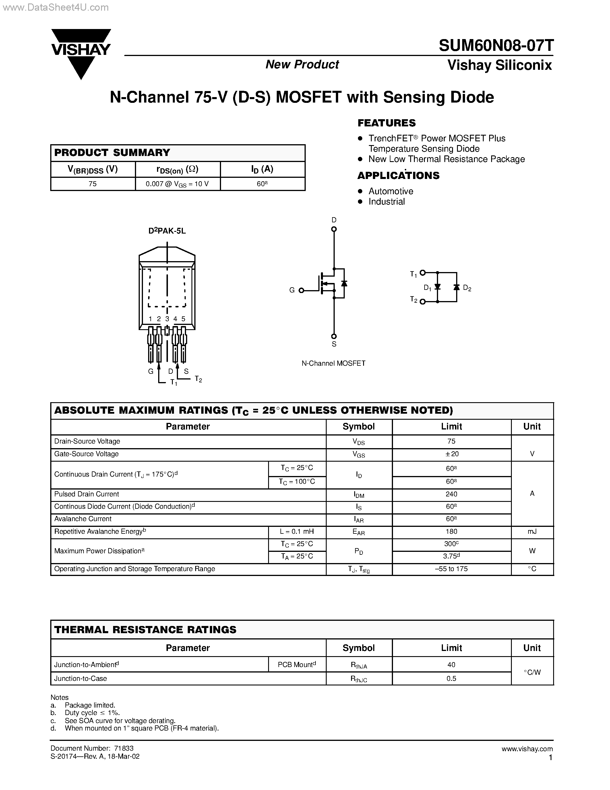 Datasheet SUM60N08-07T - N-Channel MOSFET page 1