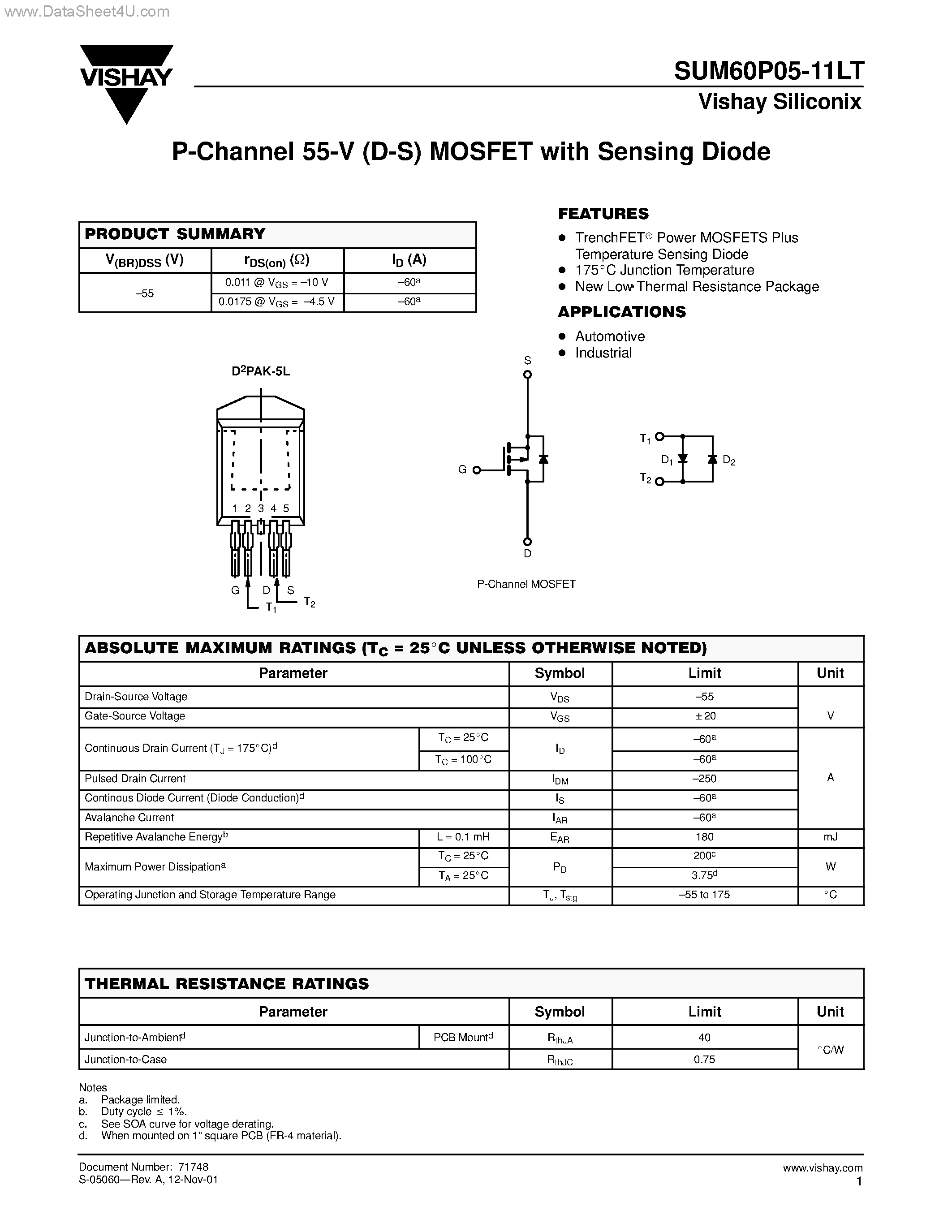 Даташит SUM60P05-11LT - P-Channel MOSFET страница 1