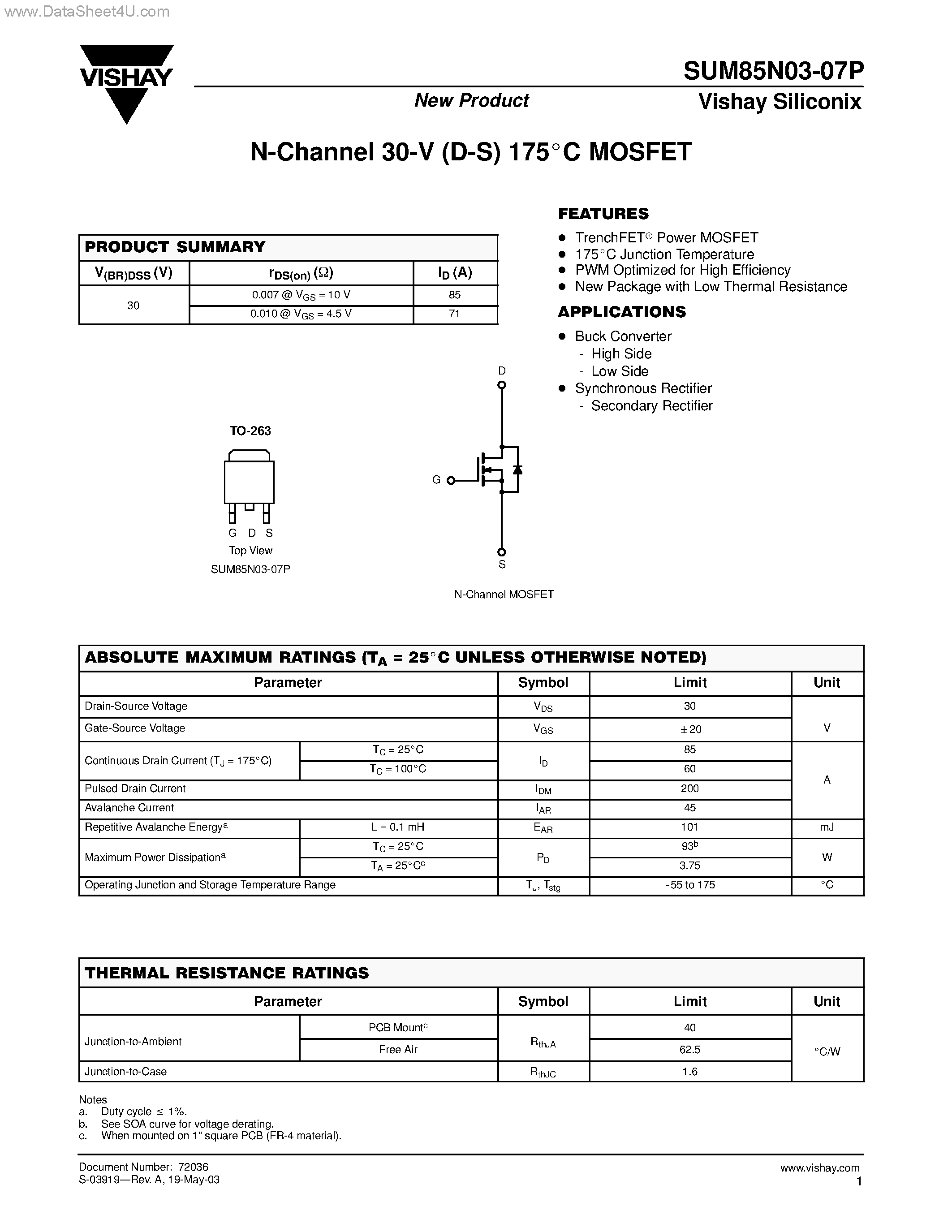 Datasheet SUM85N03-07P page 1 Datasheet SUM85N03-07P - N-Channel MOSFET page 1