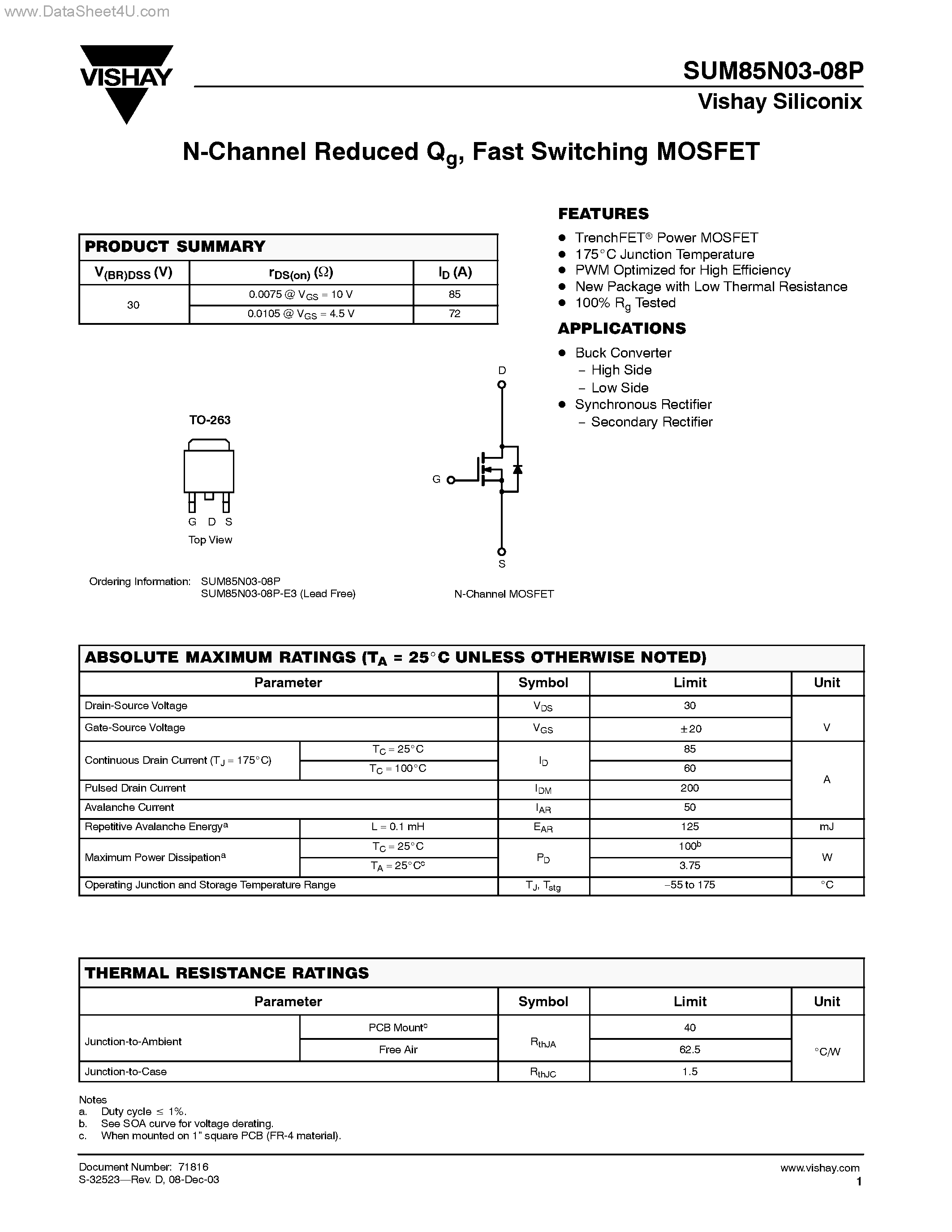 Datasheet SUM85N03-08P - N-Channel MOSFET page 1