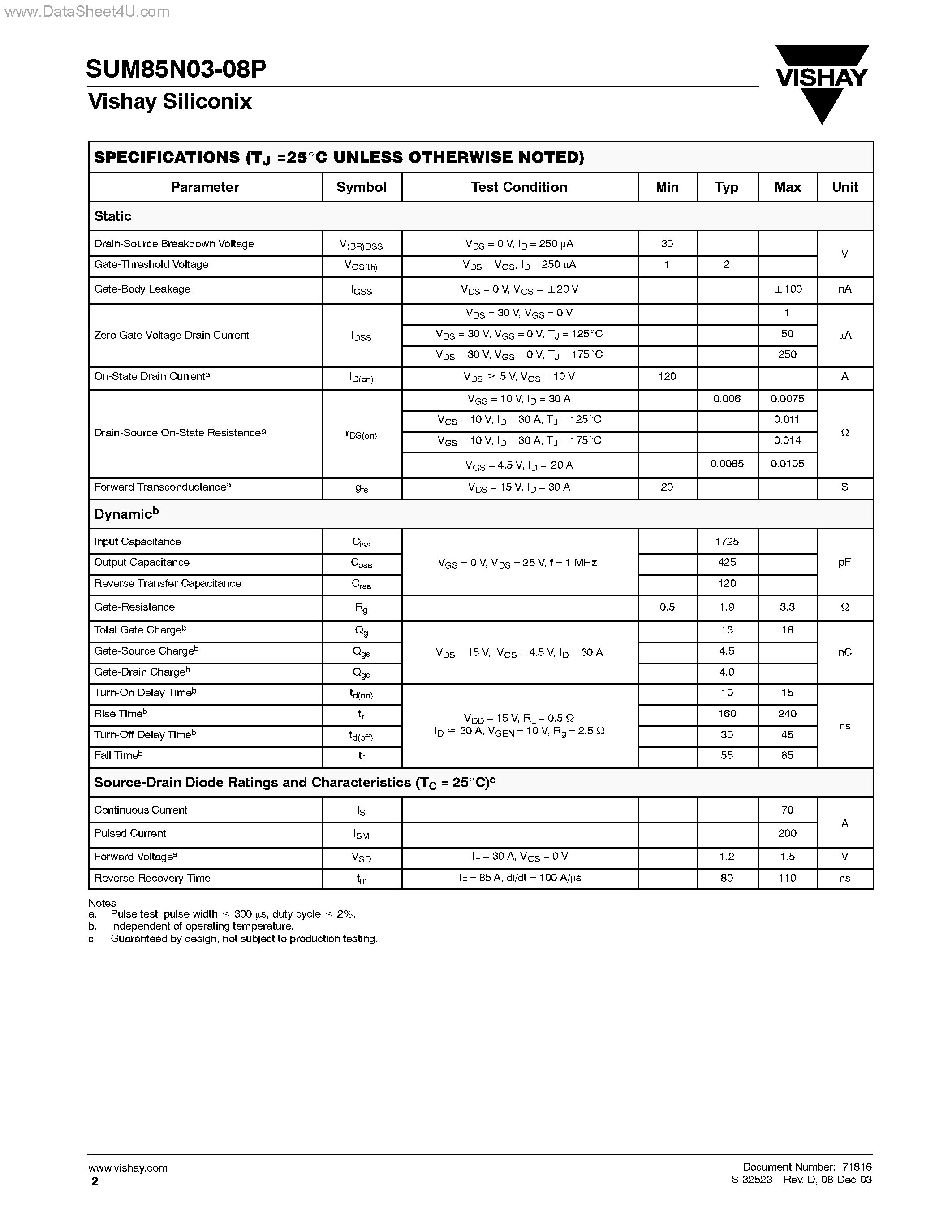 Datasheet SUM85N03-08P - N-Channel MOSFET page 2