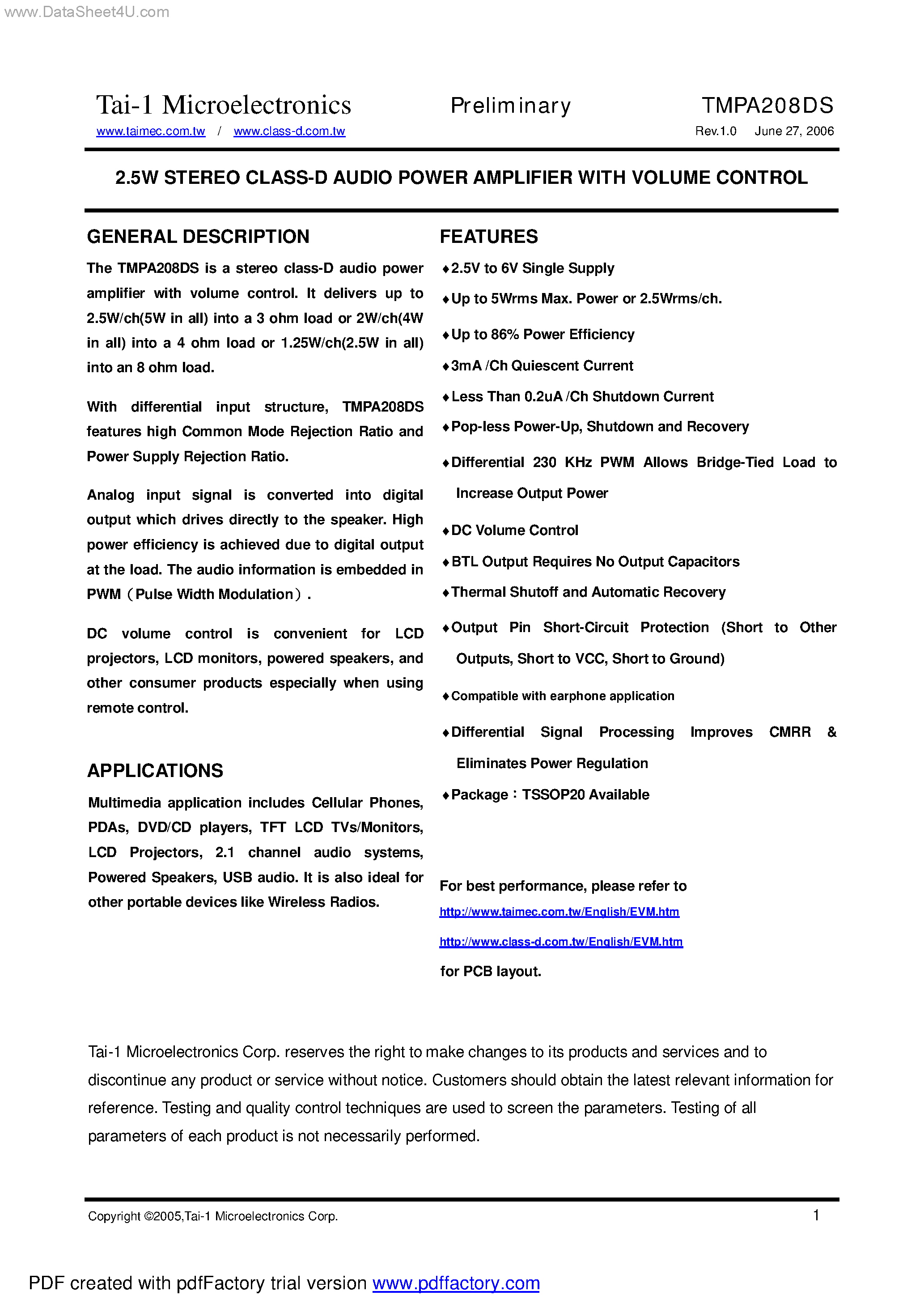 Даташит на микросхему TMPA208DS страница 1 Даташит TMPA208DS - 2.5W STEREO CLASS-D AUDIO POWER AMPLIFIER страница 1