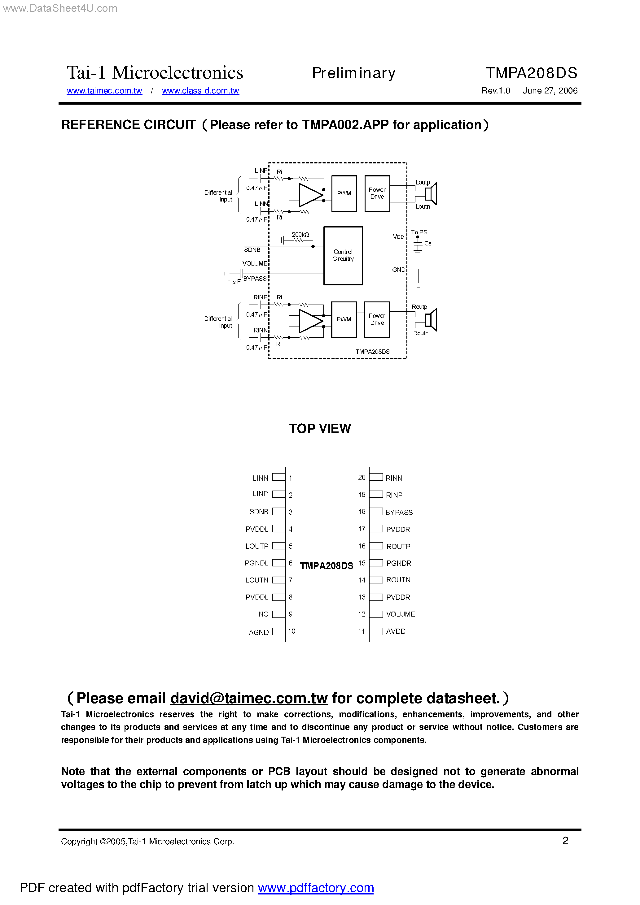 Даташит на микросхему TMPA208DS страница 2 Даташит TMPA208DS - 2.5W STEREO CLASS-D AUDIO POWER AMPLIFIER страница 2