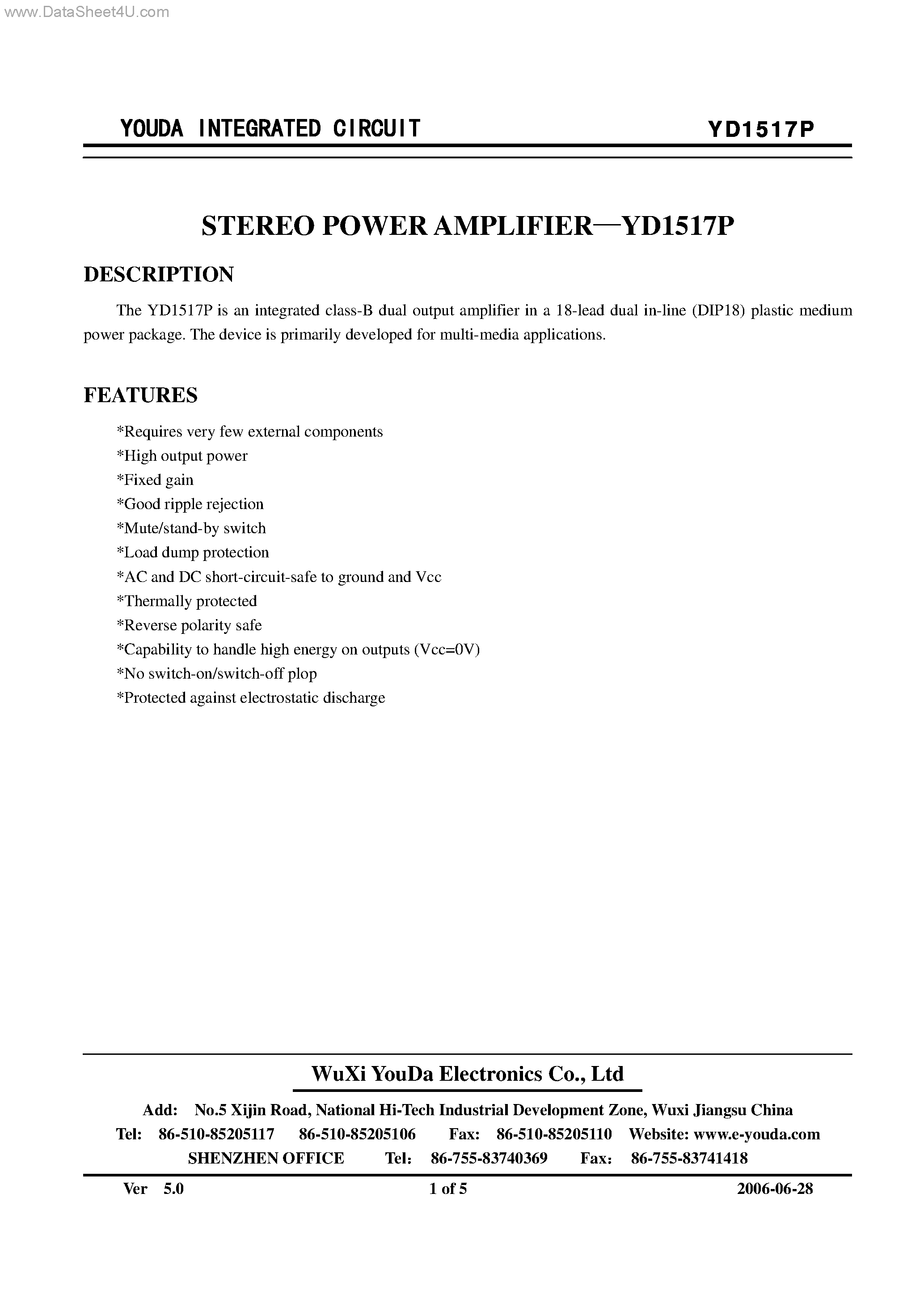 Datasheet YD1517P page 1 Datasheet YD1517P - STEREO POWER AMPLIFIER page 1