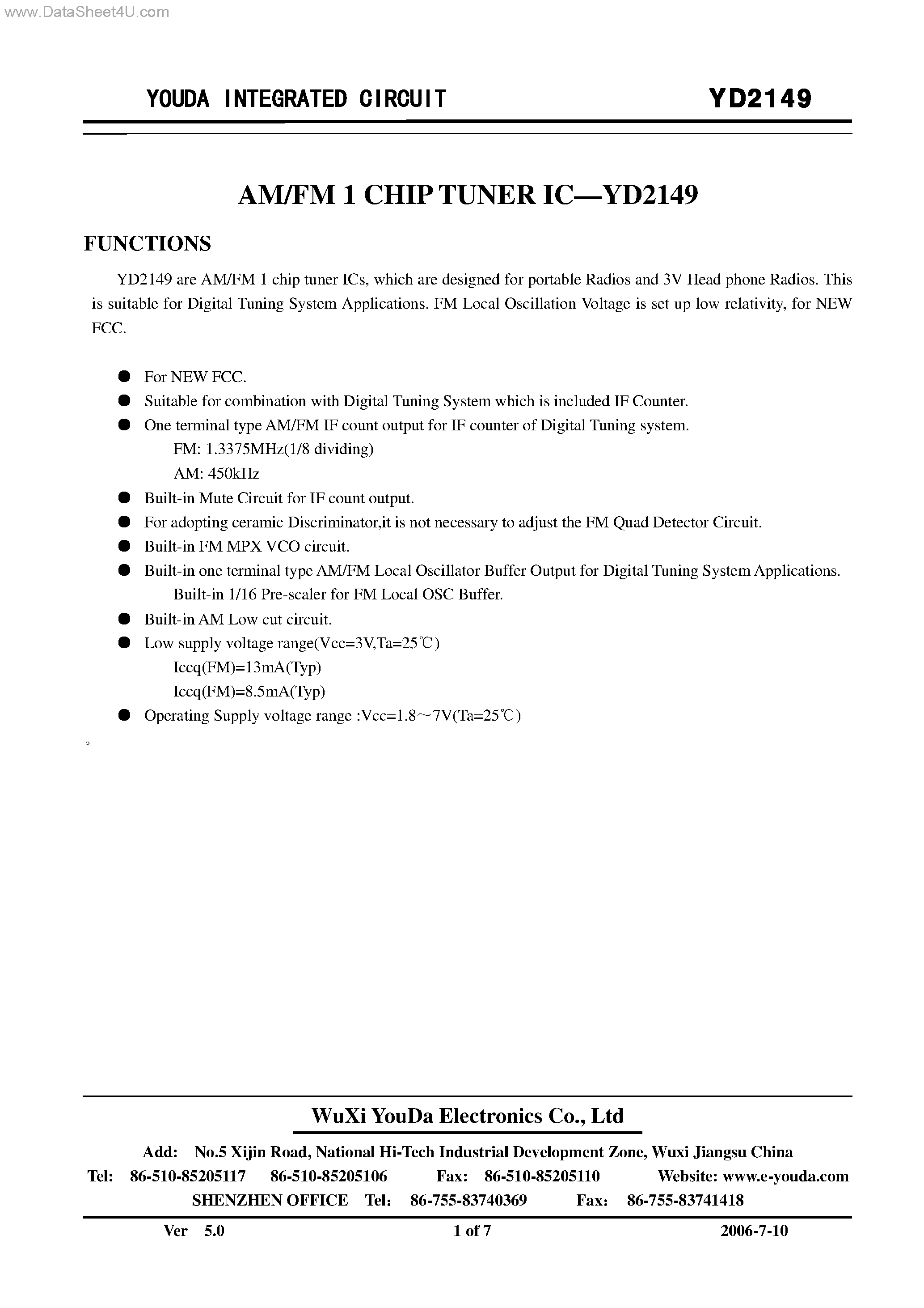 Datasheet YD2149 page 1 Datasheet YD2149 - AM/FM 1 CHIP TUNER IC page 1