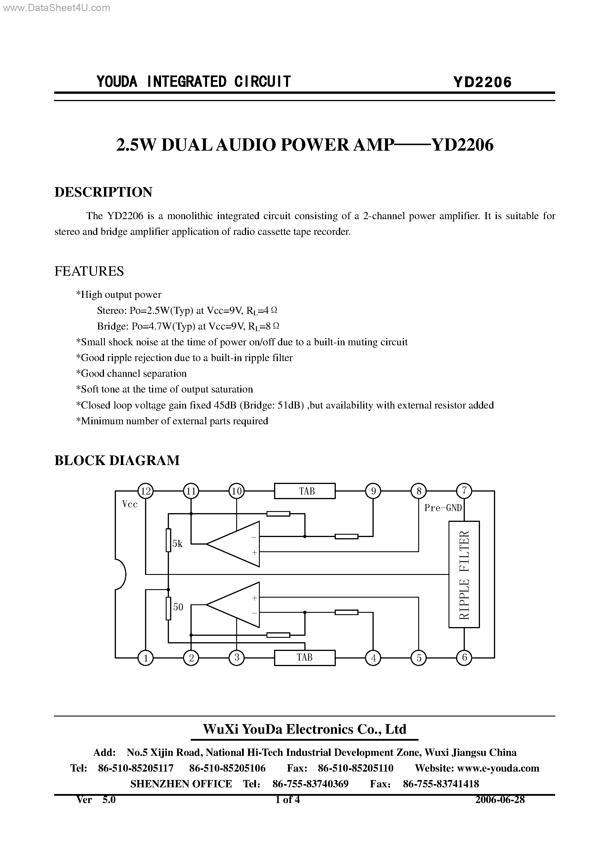 Datasheet YD2206 - 2.5W DUAL AUDIO POWER AMP page 1