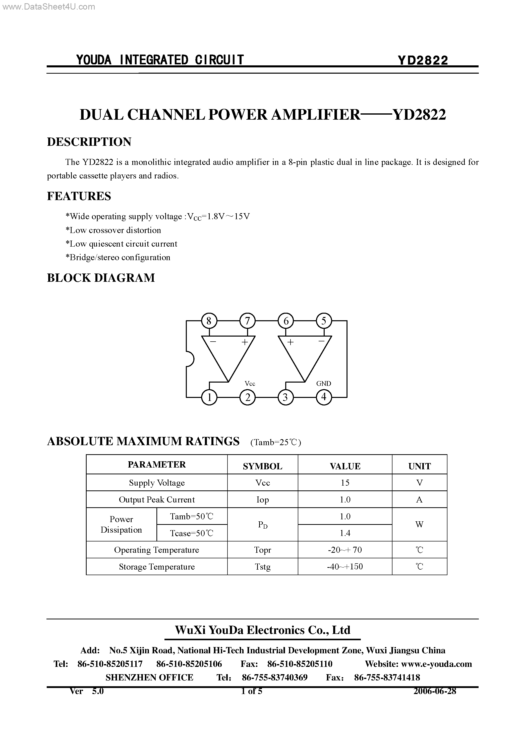 Даташит на микросхему YD2822 страница 1 Даташит YD2822 - DUAL CHANNEL POWER AMPLIFIER страница 1