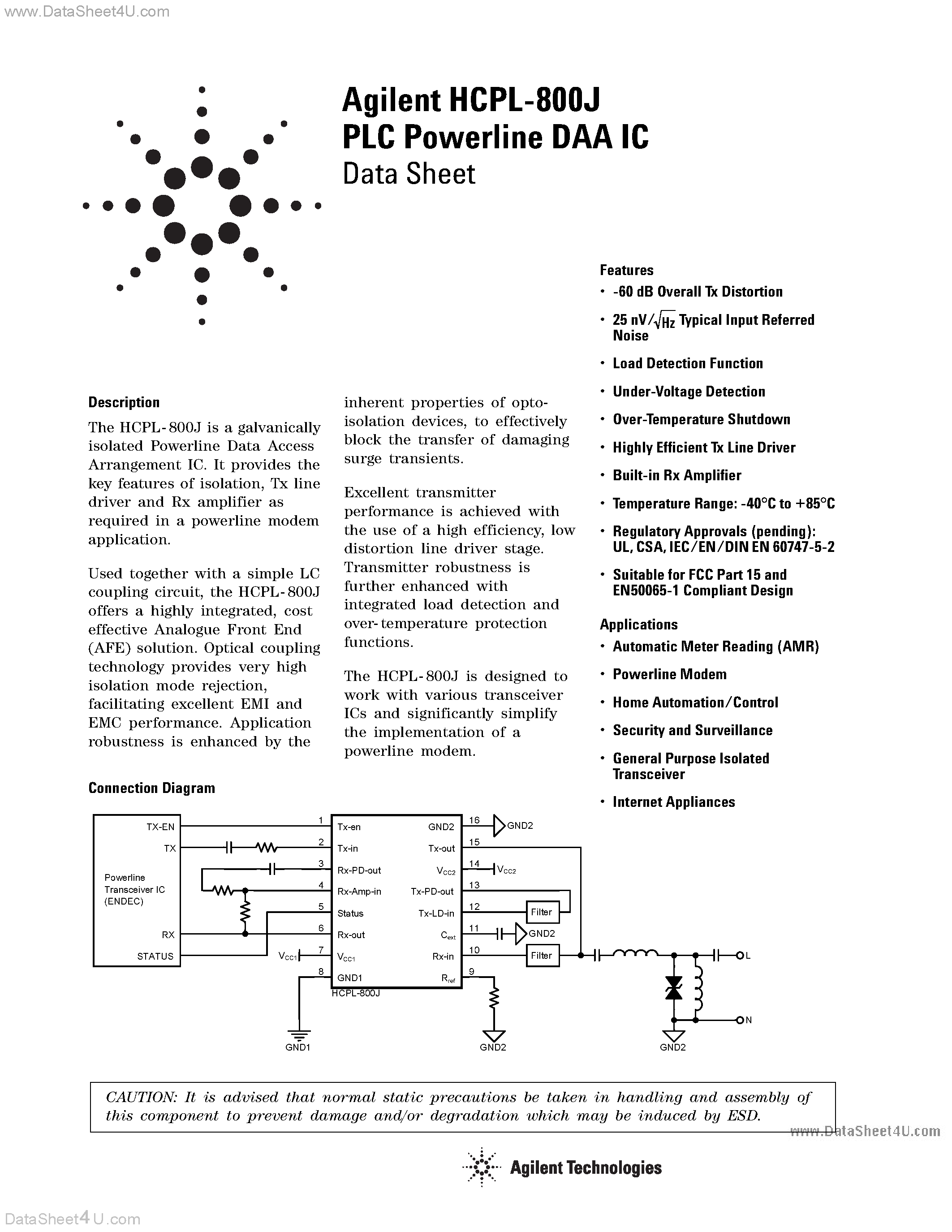 Datasheet HCPL-800J page 1 Datasheet HCPL-800J - PLC Powerline DAA IC page 1