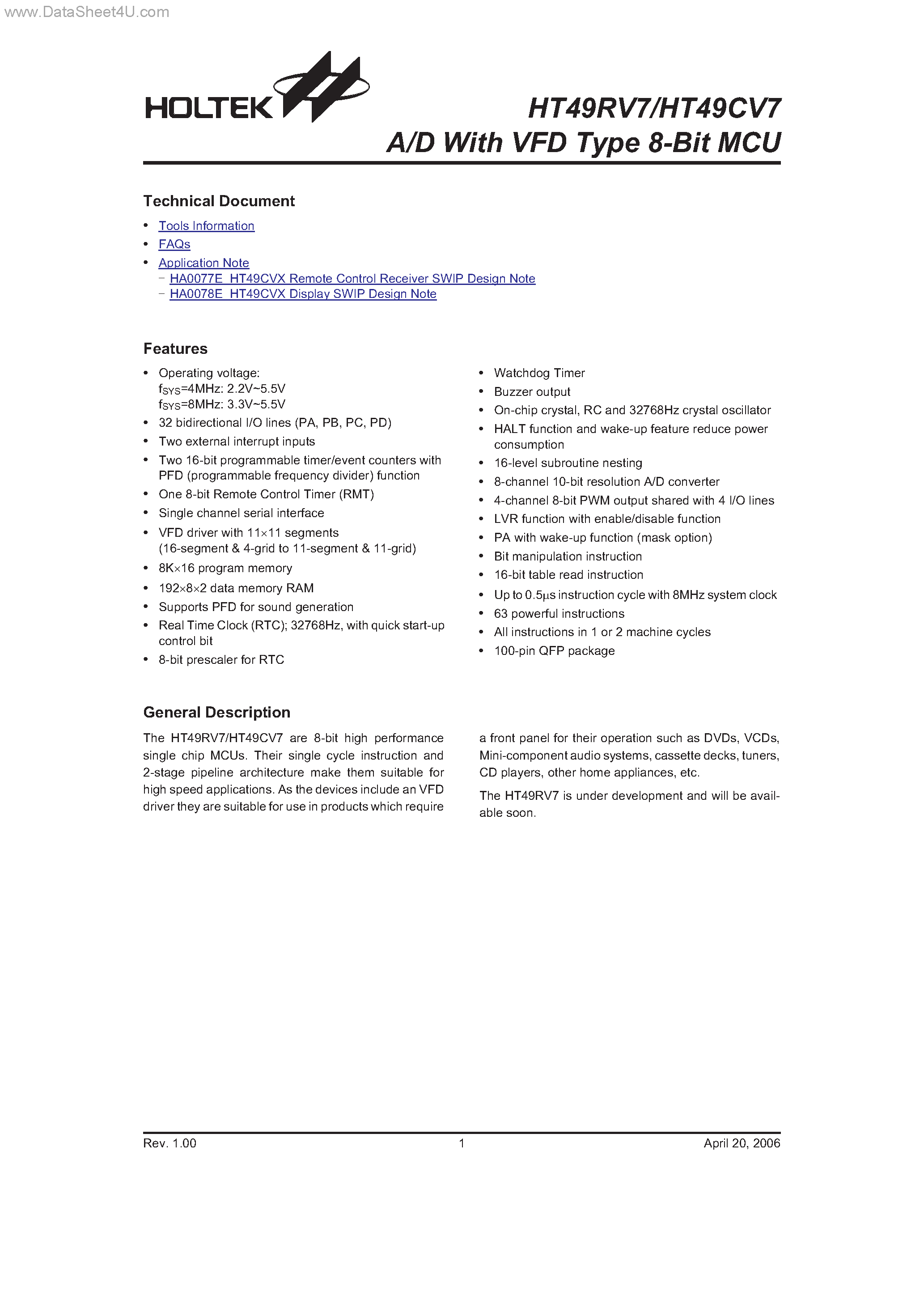 Даташит HT49CV7 - A/D страница 1