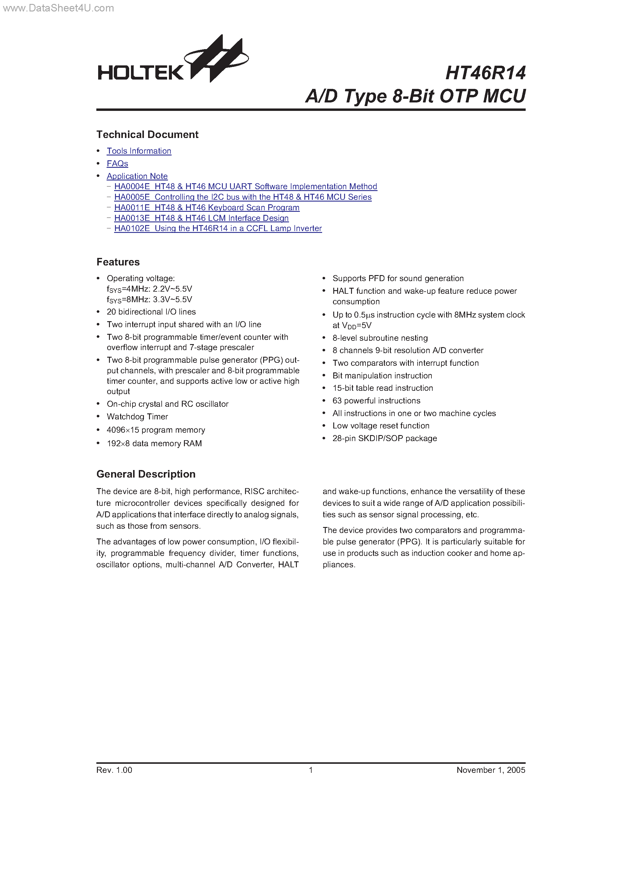 Даташит на микросхему HT46R14 страница 1 Даташит HT46R14 - A/D Type 8-Bit OTP MCU страница 1