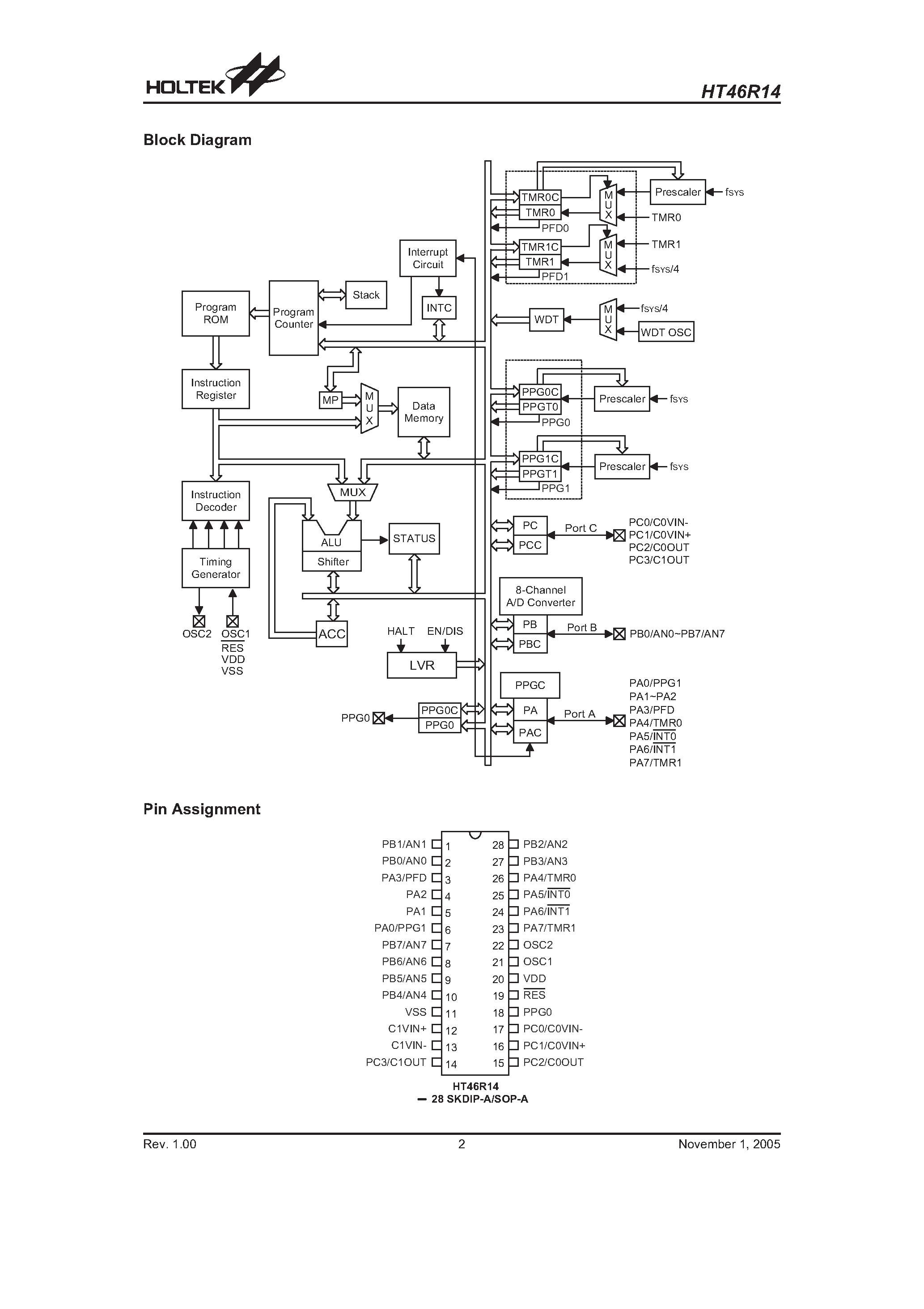 Даташит на микросхему HT46R14 страница 2 Даташит HT46R14 - A/D Type 8-Bit OTP MCU страница 2