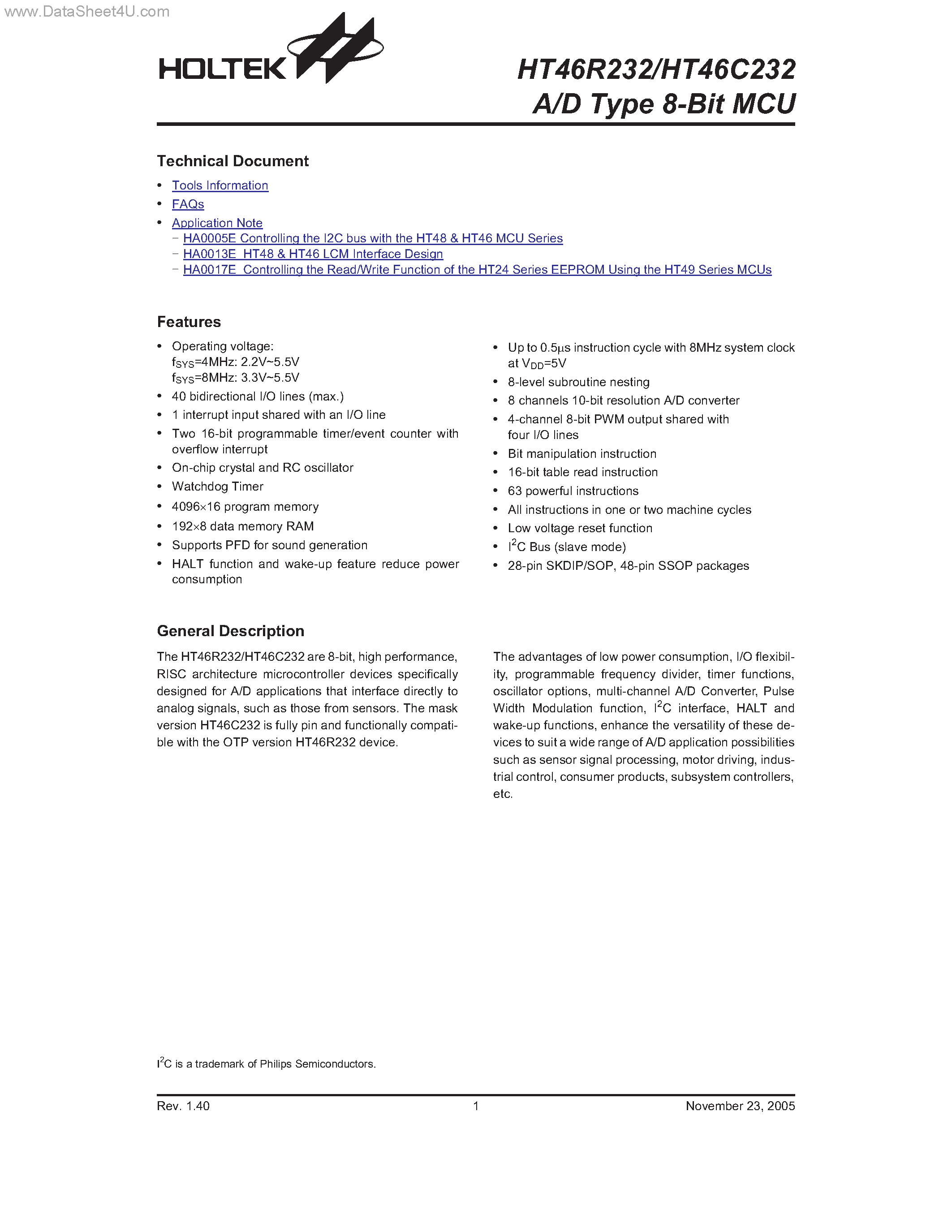 Даташит HT46C232 - A/D Type 8-Bit MCU страница 1