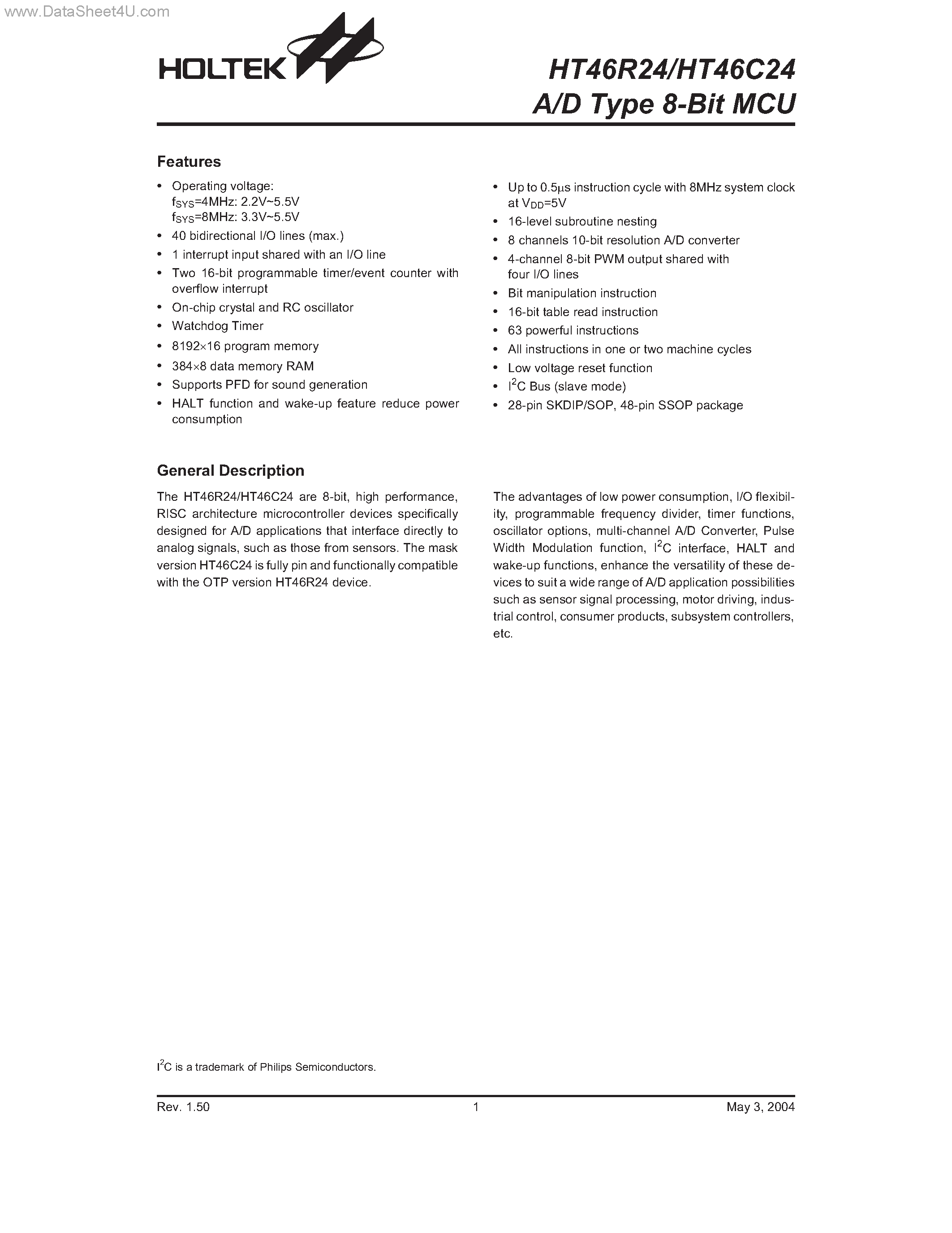 Даташит HT46C24 - A/D Type 8-Bit MCU страница 1