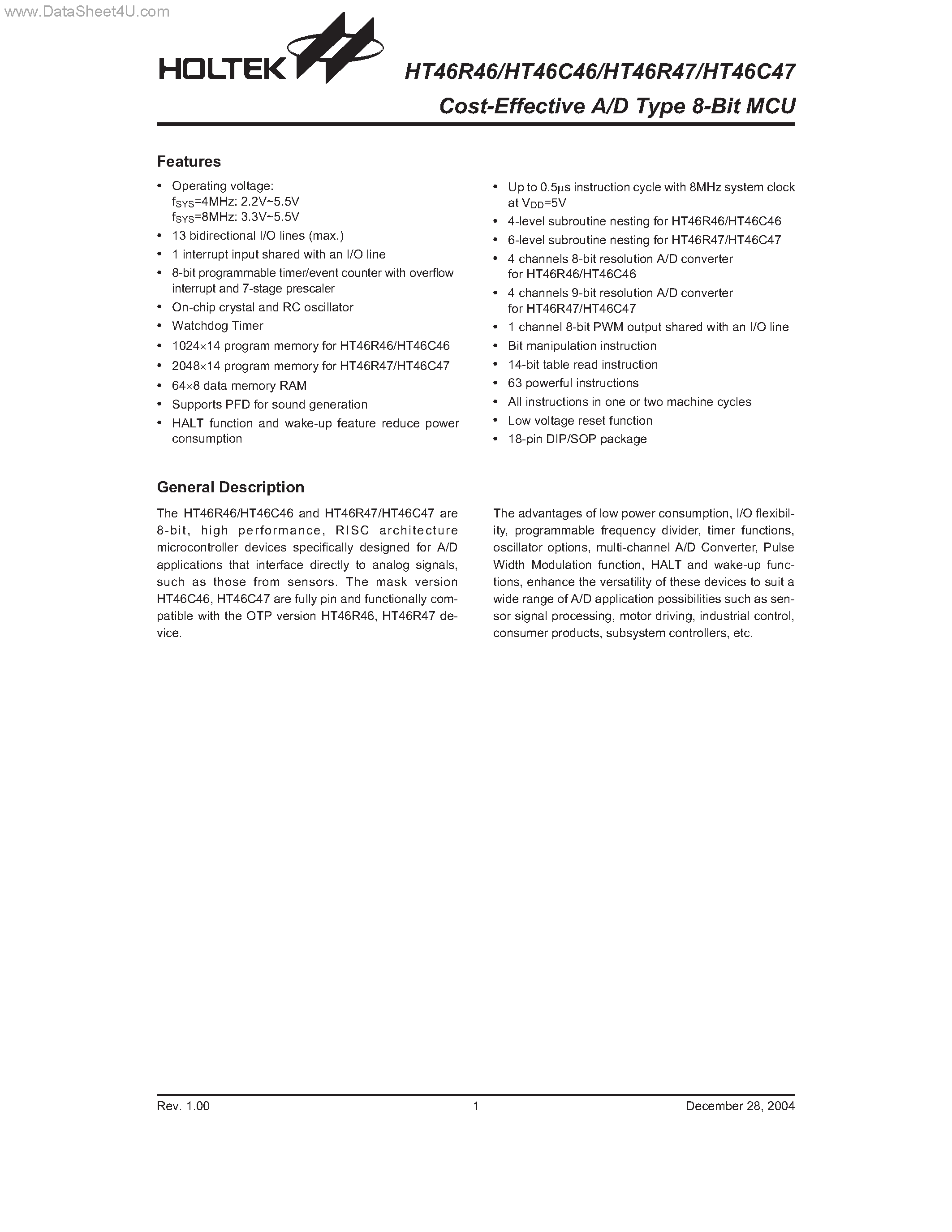 Даташит HT46C46 - (HT46C46 / HT46C47) Cost-Effective A/D Type 8-Bit MCU страница 1