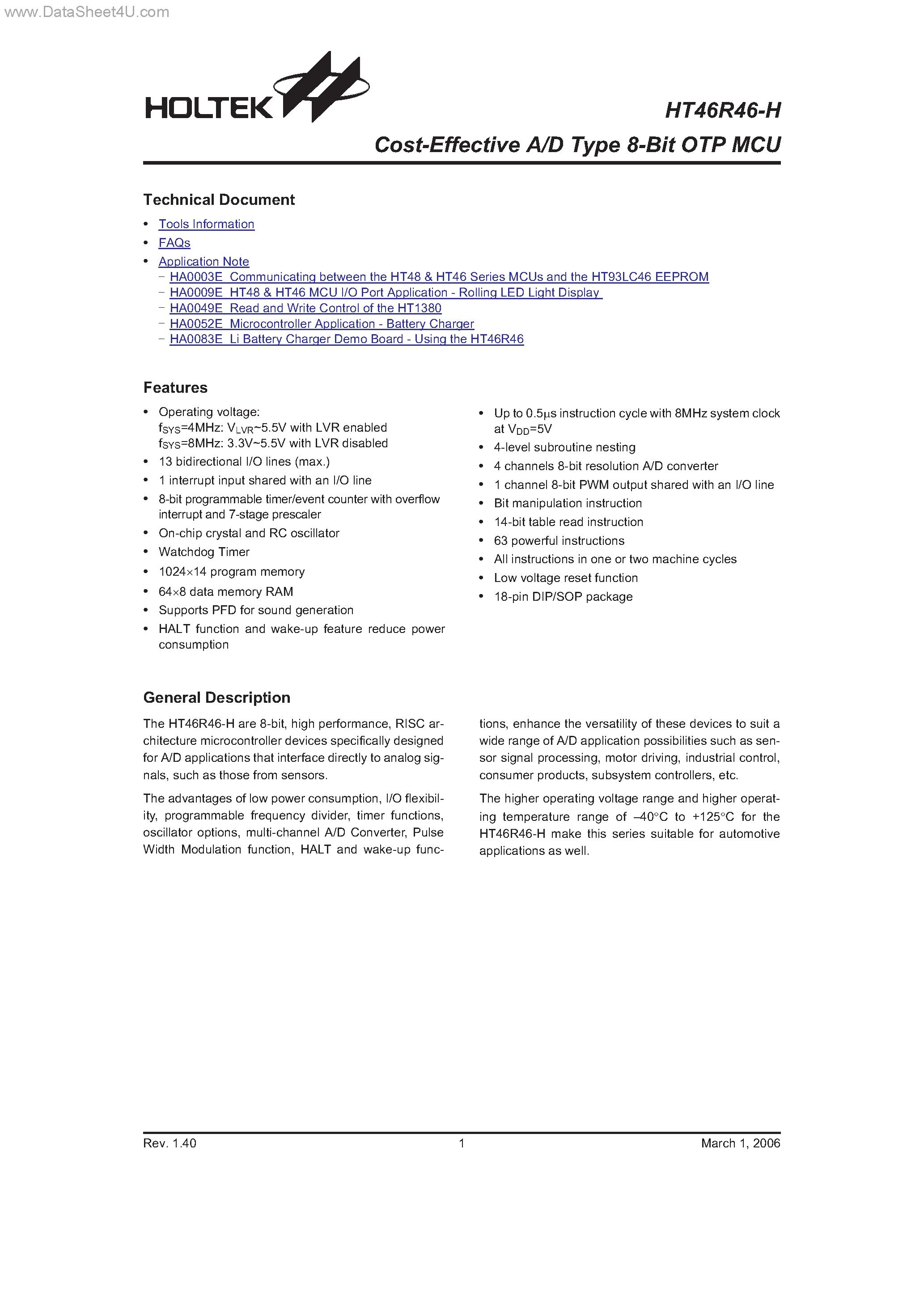 Datasheet HT46R46-H page 1 Datasheet HT46R46-H - Cost-Effective A/D Type 8-Bit OTP MCU page 1