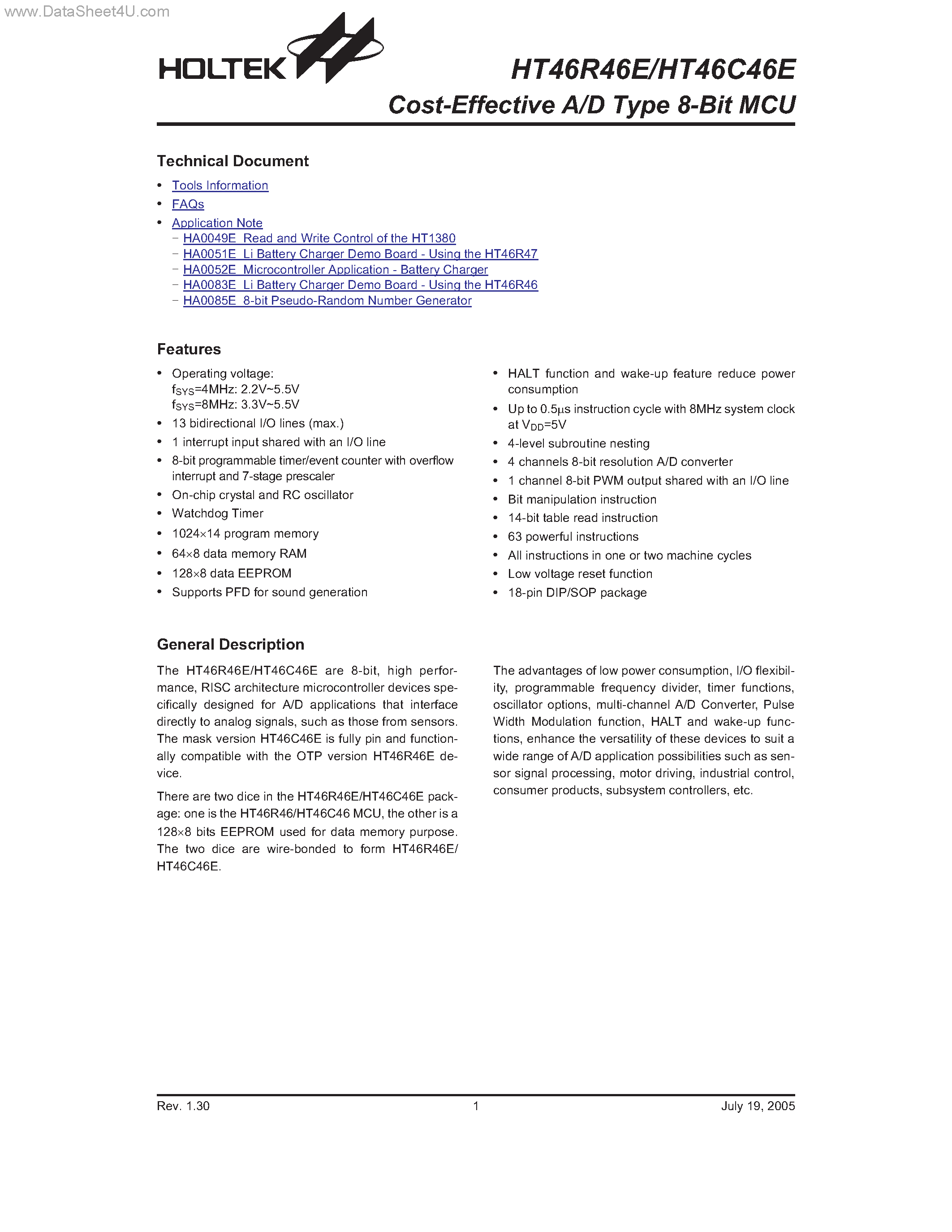 Даташит HT46C46E - Cost-Effective A/D Type 8-Bit MCU страница 1