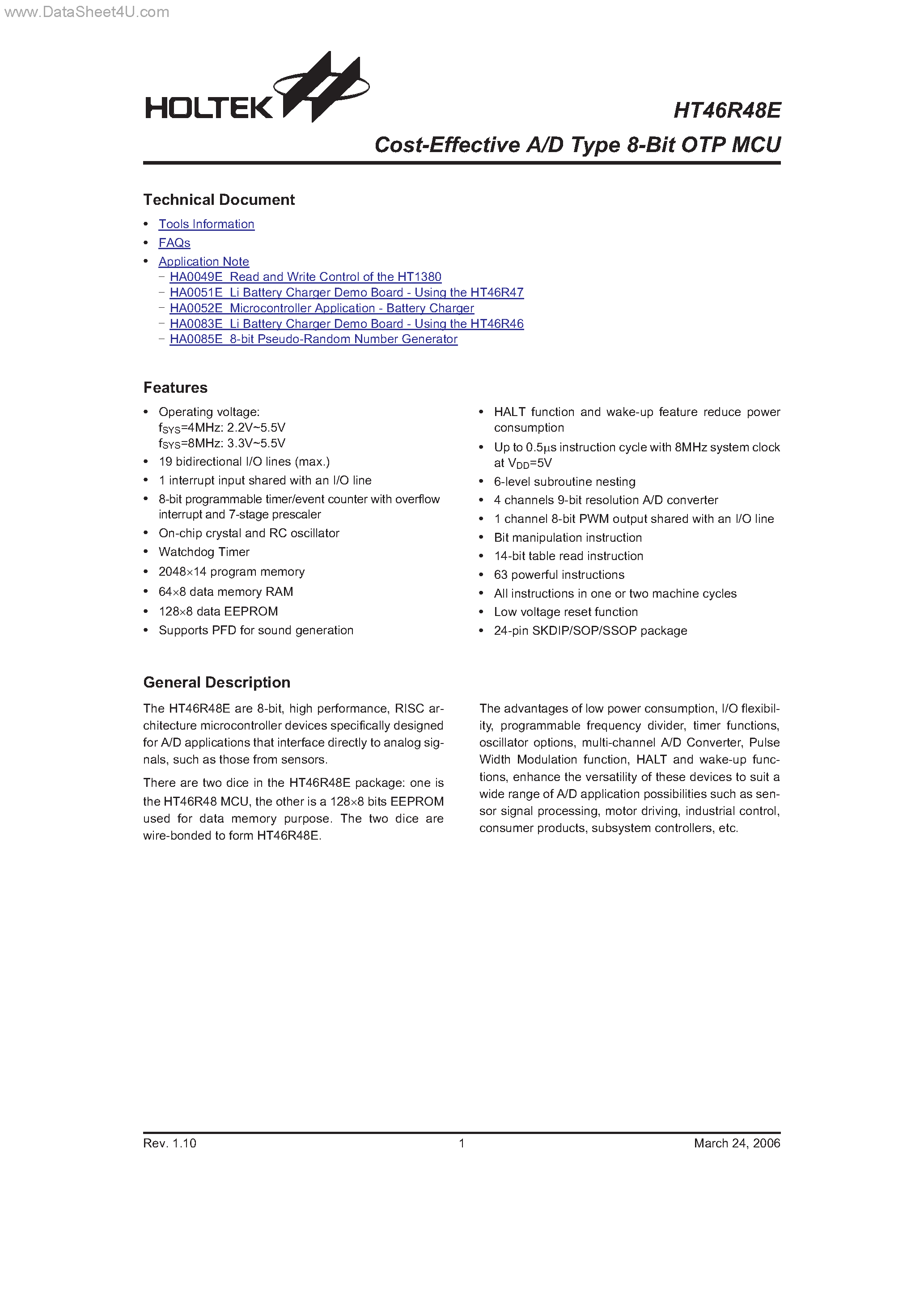Даташит HT46R48E - Cost-Effective A/D Type 8-Bit OTP MCU страница 1
