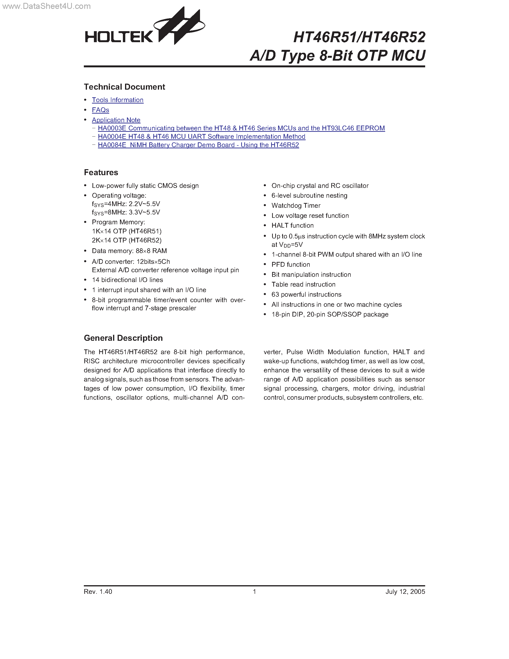Даташит на микросхему HT46R51 страница 1 Даташит HT46R51 - (HT46R51 / HT46R52) A/D Type 8-Bit OTP MCU страница 1