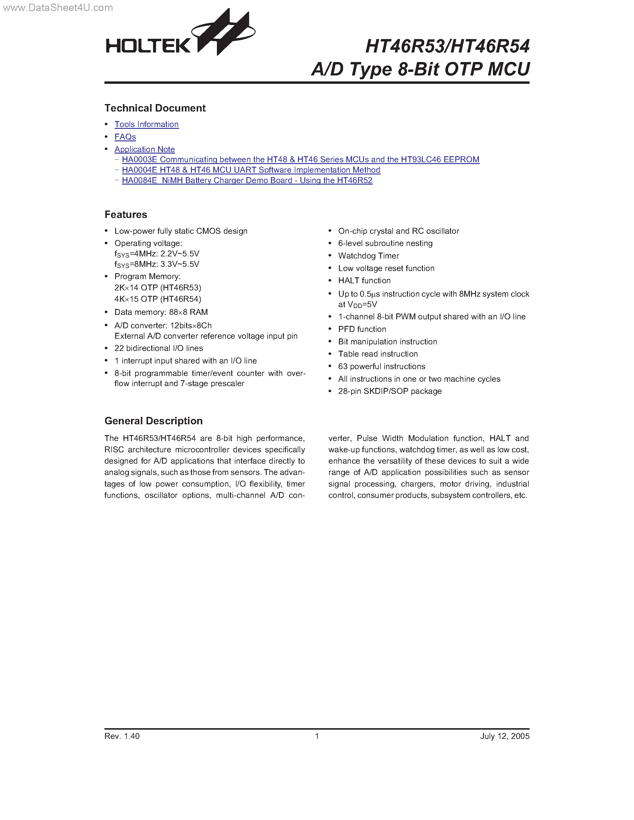 Даташит HT46R53 - (HT46R53 / HT46R54) A/D Type 8-Bit OTP MCU страница 1