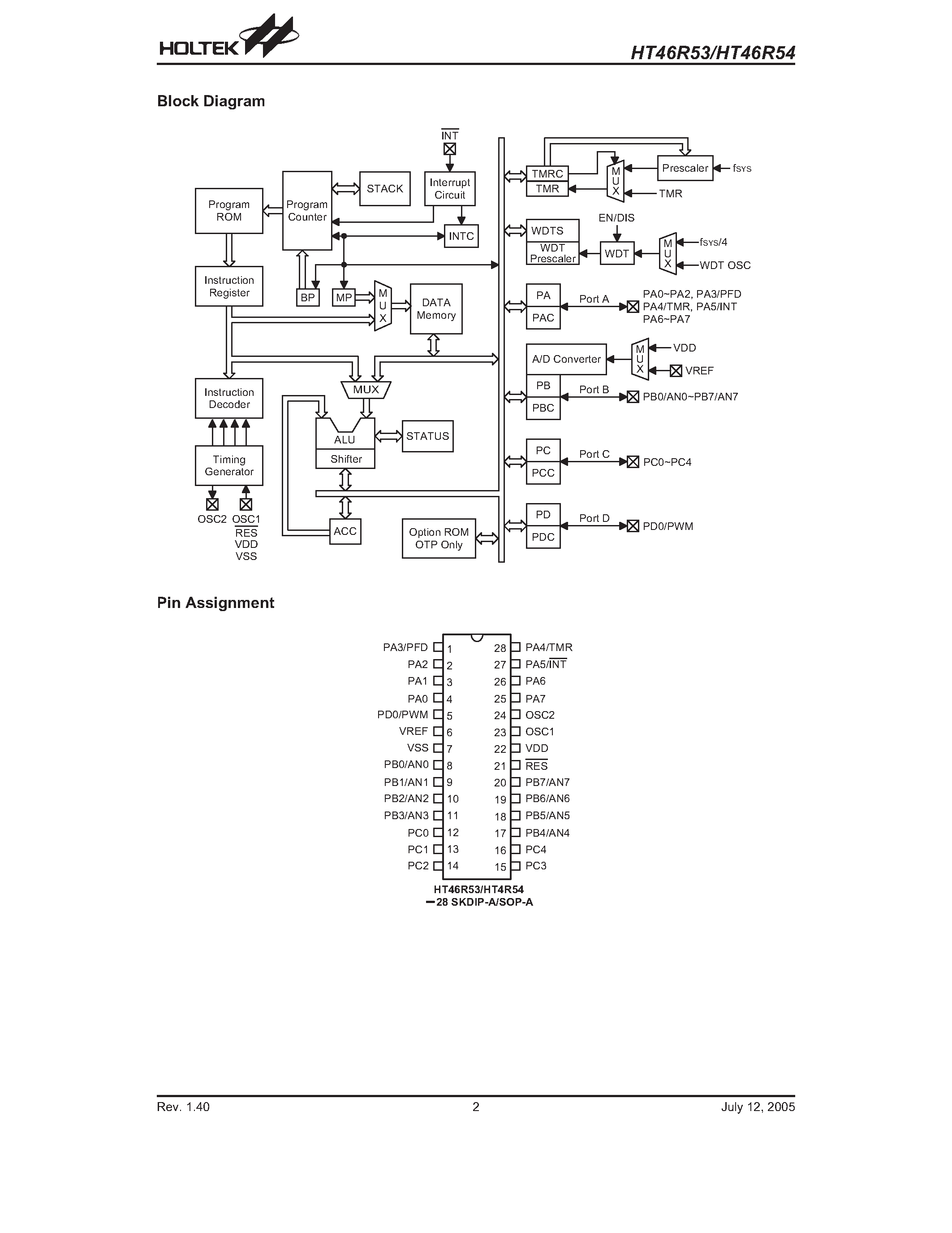 Даташит HT46R53 - (HT46R53 / HT46R54) A/D Type 8-Bit OTP MCU страница 2