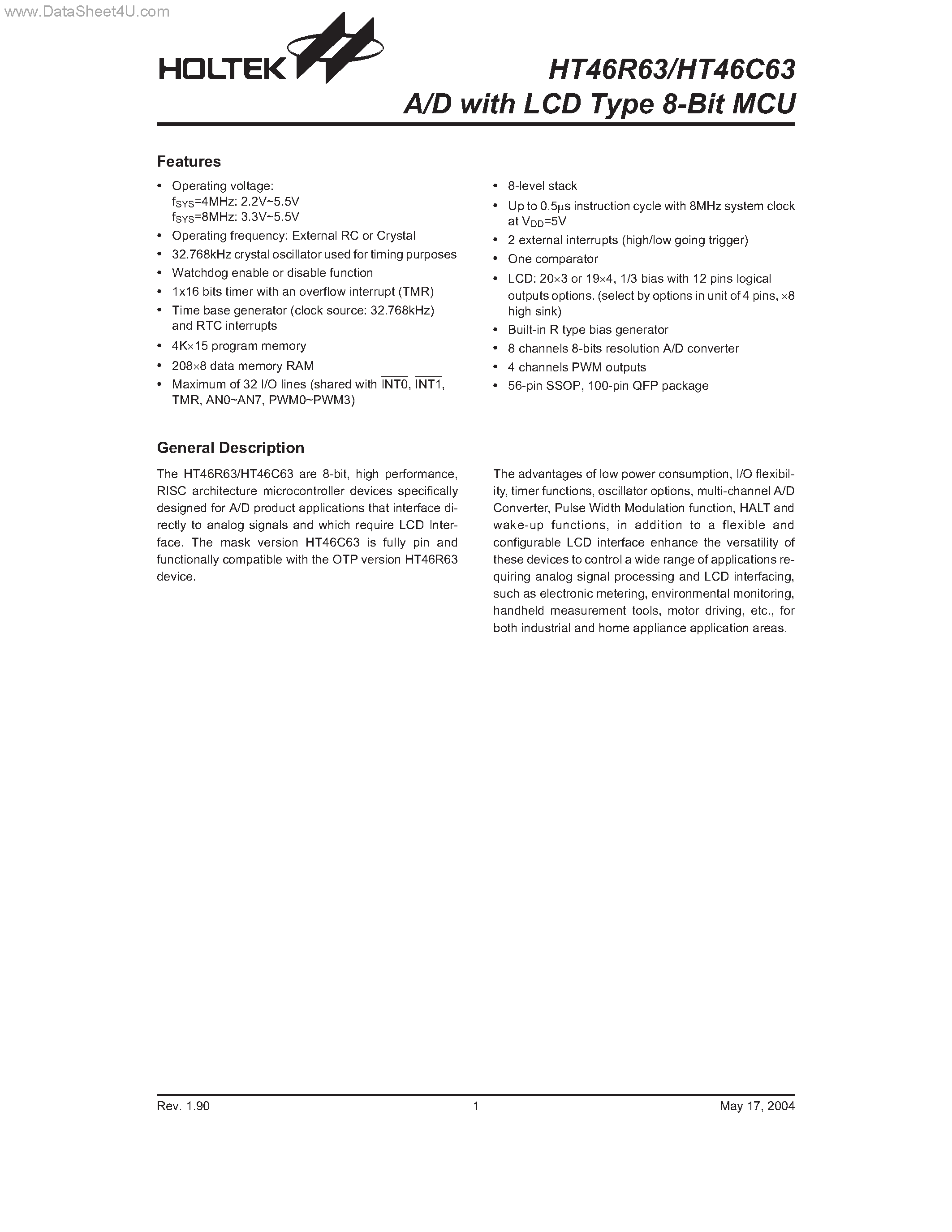 Даташит на микросхему HT46C63 страница 1 Даташит HT46C63 - A/D with LCD Type 8-Bit MCU страница 1