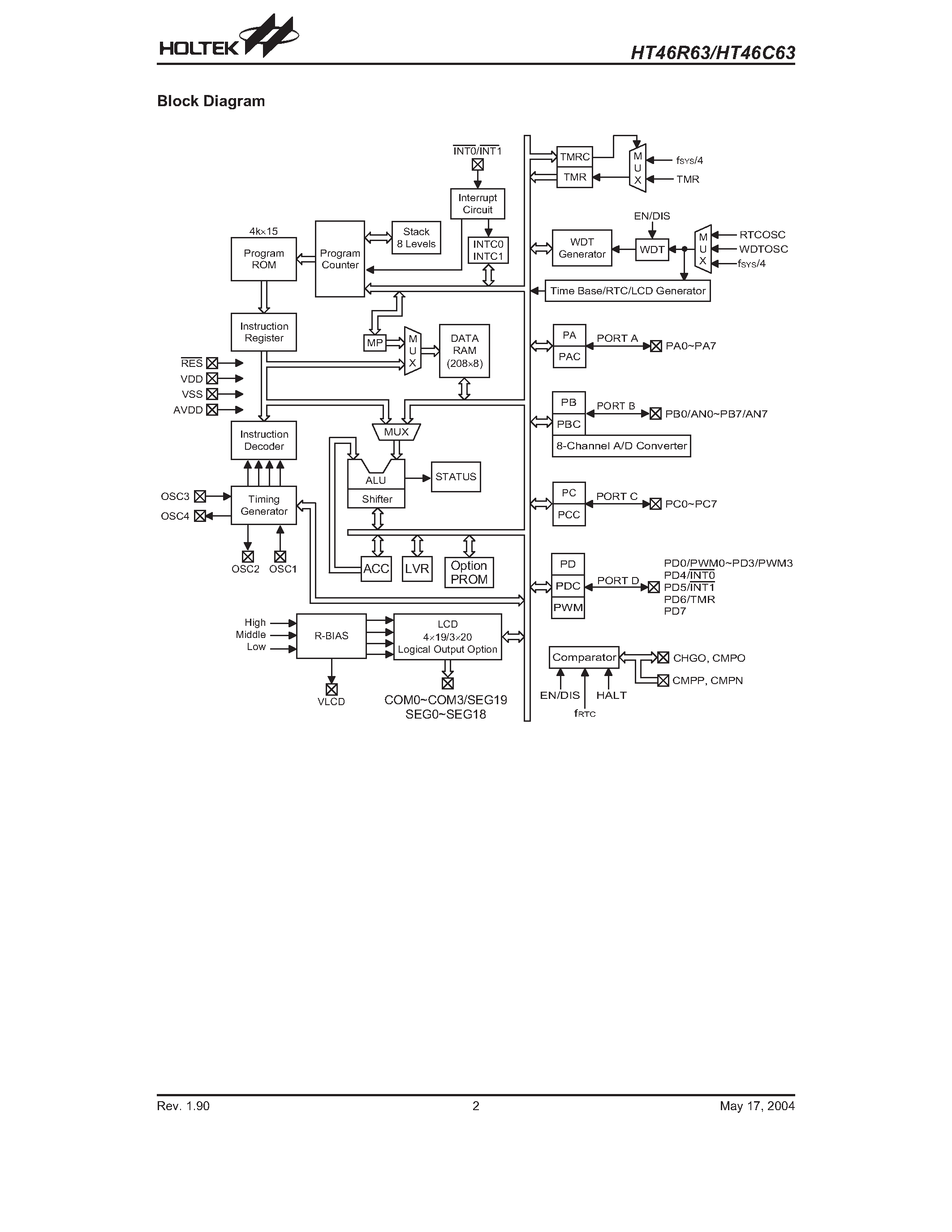 Даташит на микросхему HT46C63 страница 2 Даташит HT46C63 - A/D with LCD Type 8-Bit MCU страница 2