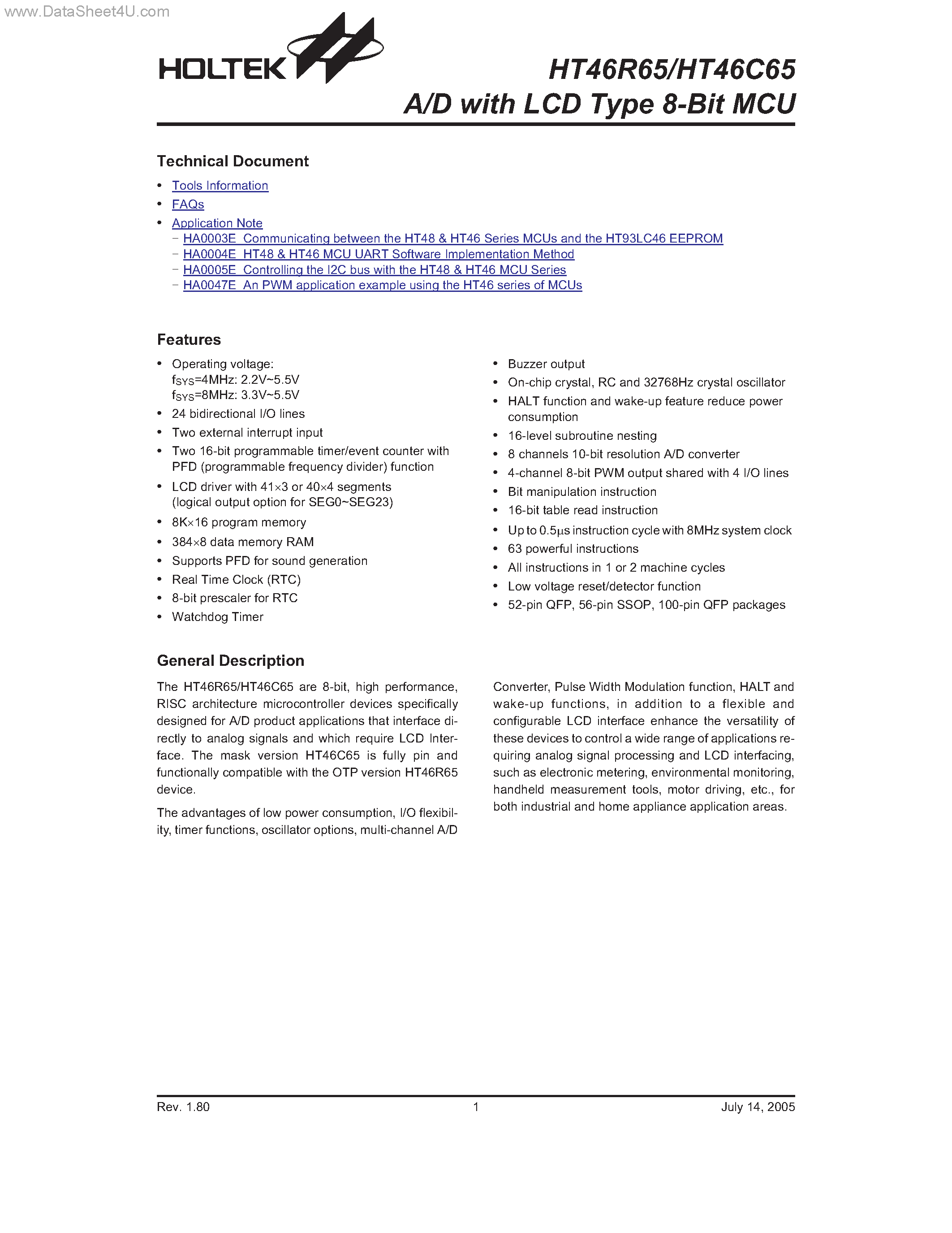 Даташит HT46R65 - A/D with LCD Type 8-Bit MCU страница 1