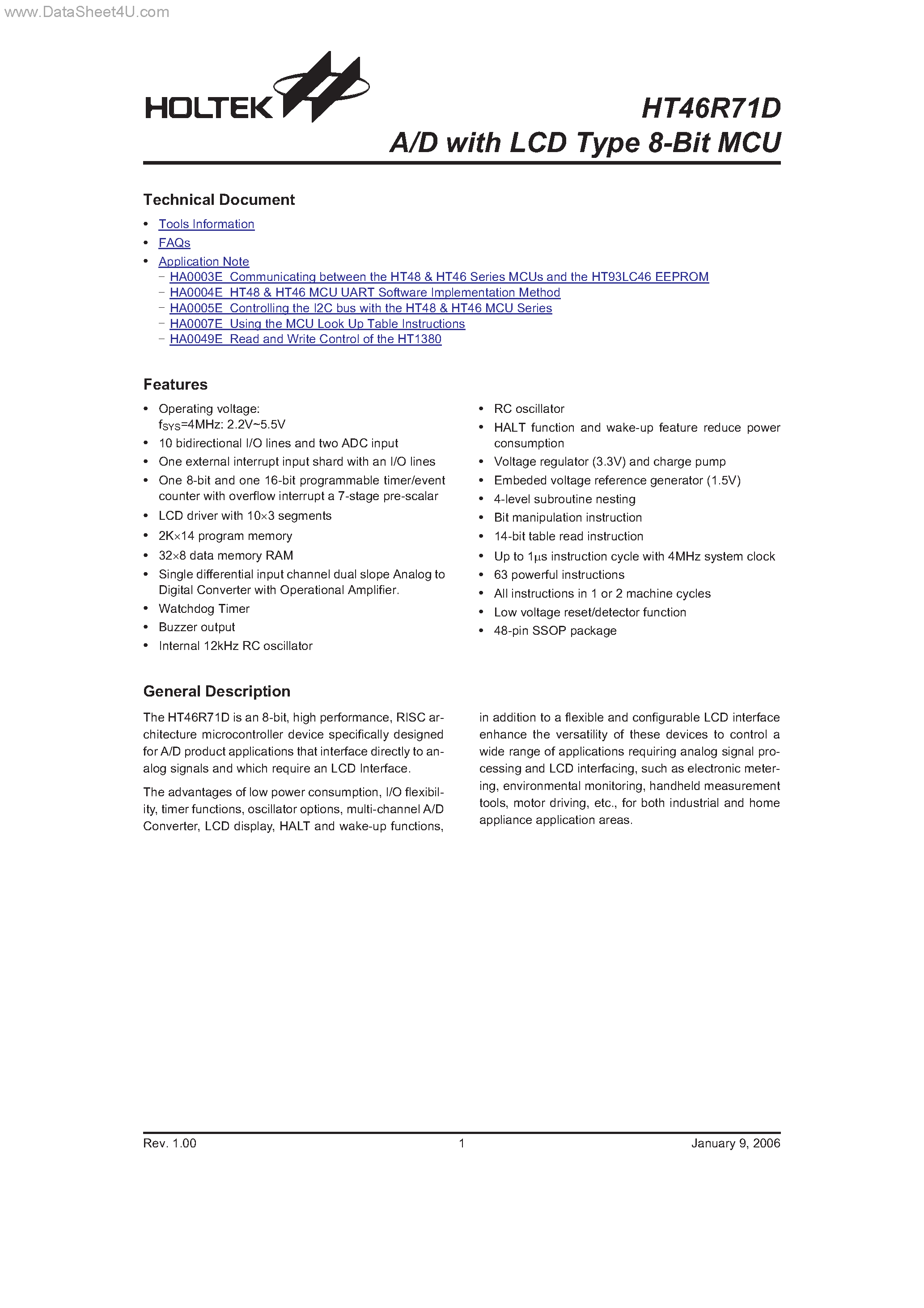 Даташит HT46R71D - A/D with LCD Type 8-Bit MCU страница 1