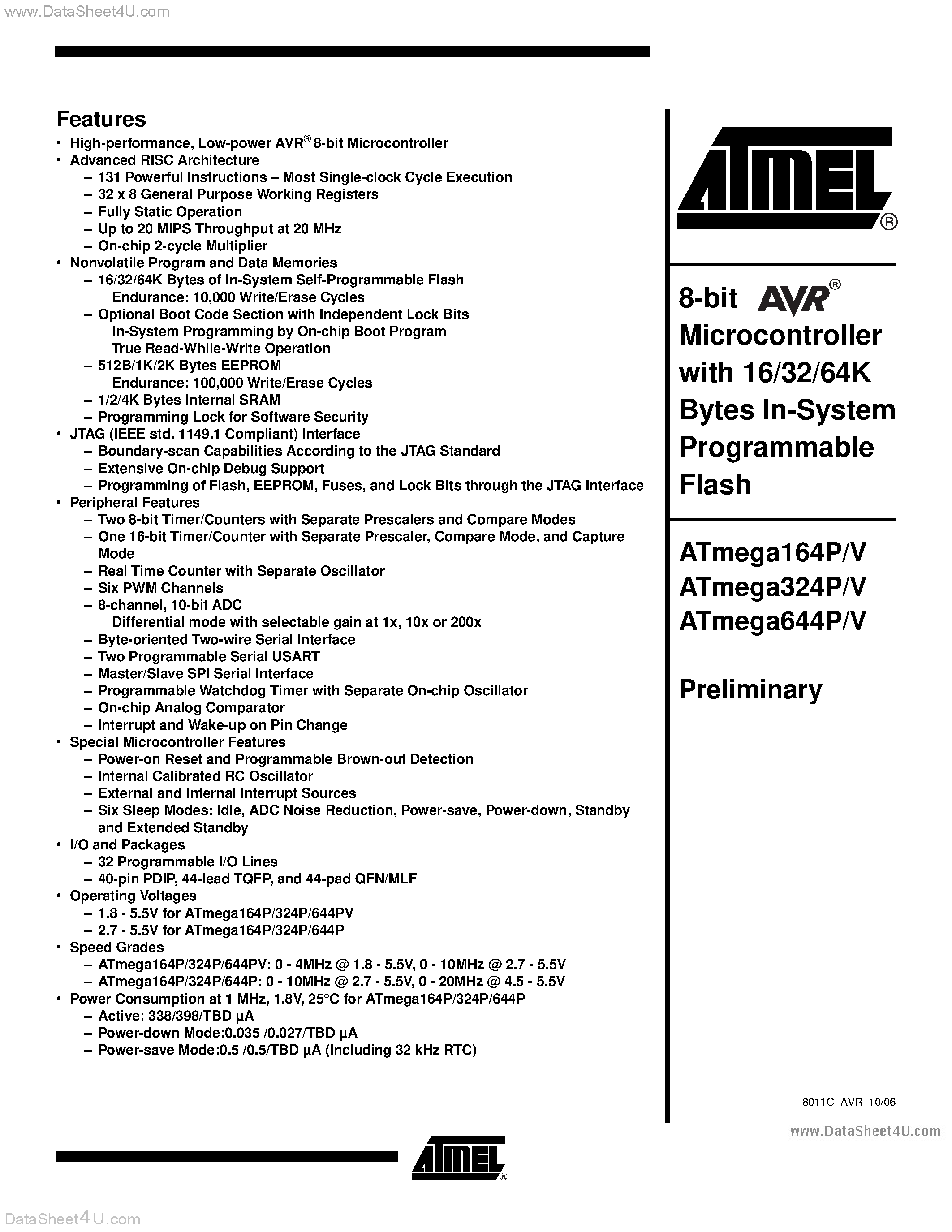 Даташит на микросхему ATMEGA164P страница 1 Даташит ATMEGA164P - (ATMEGA164x - ATMEGA644x) 8-Bit Microcontroller страница 1