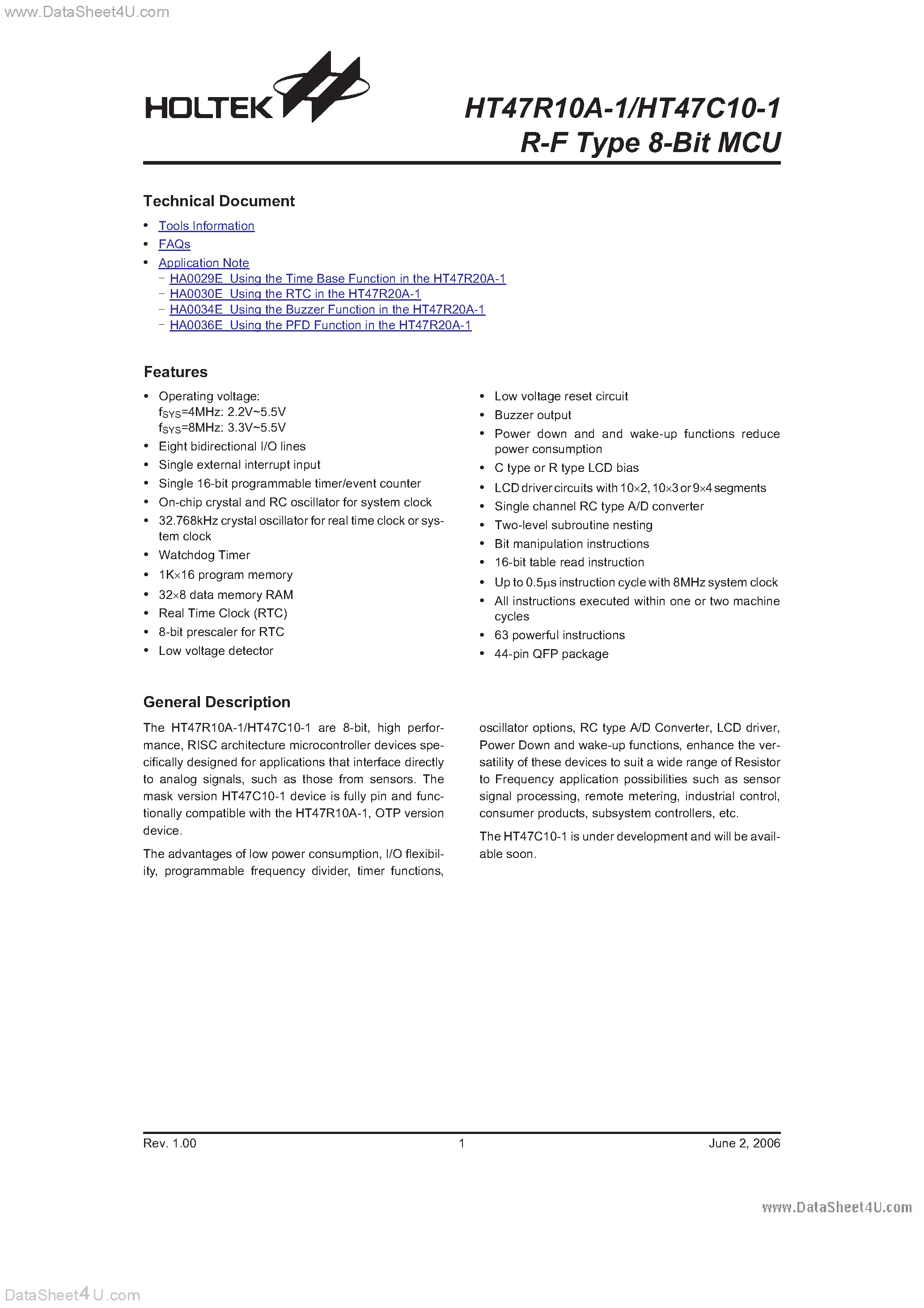 Даташит на микросхему HT47C10-1 страница 1 Даташит HT47C10-1 - R-F Type 8-Bit MCU страница 1