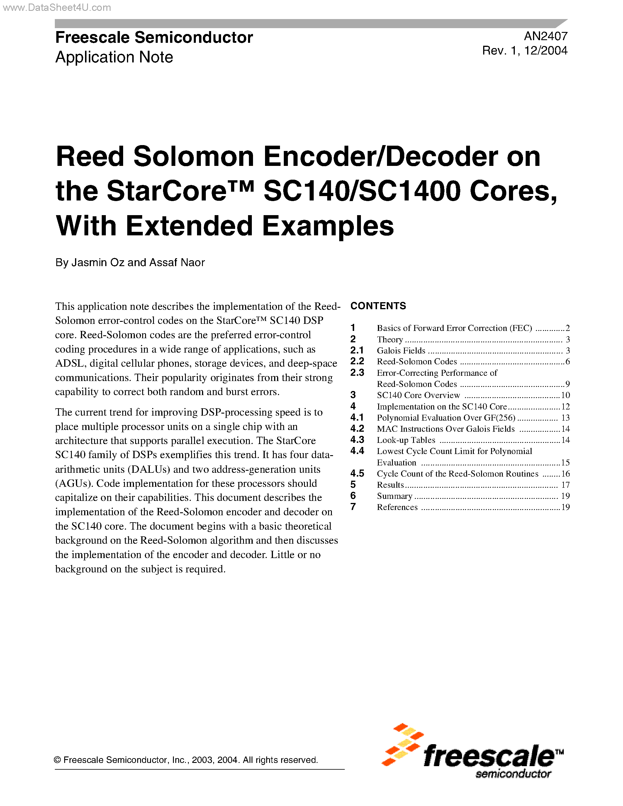 Datasheet AN2407 - Reed Solomon Encoder/Decoder on the StarCore SC140/SC1400 Cores page 1