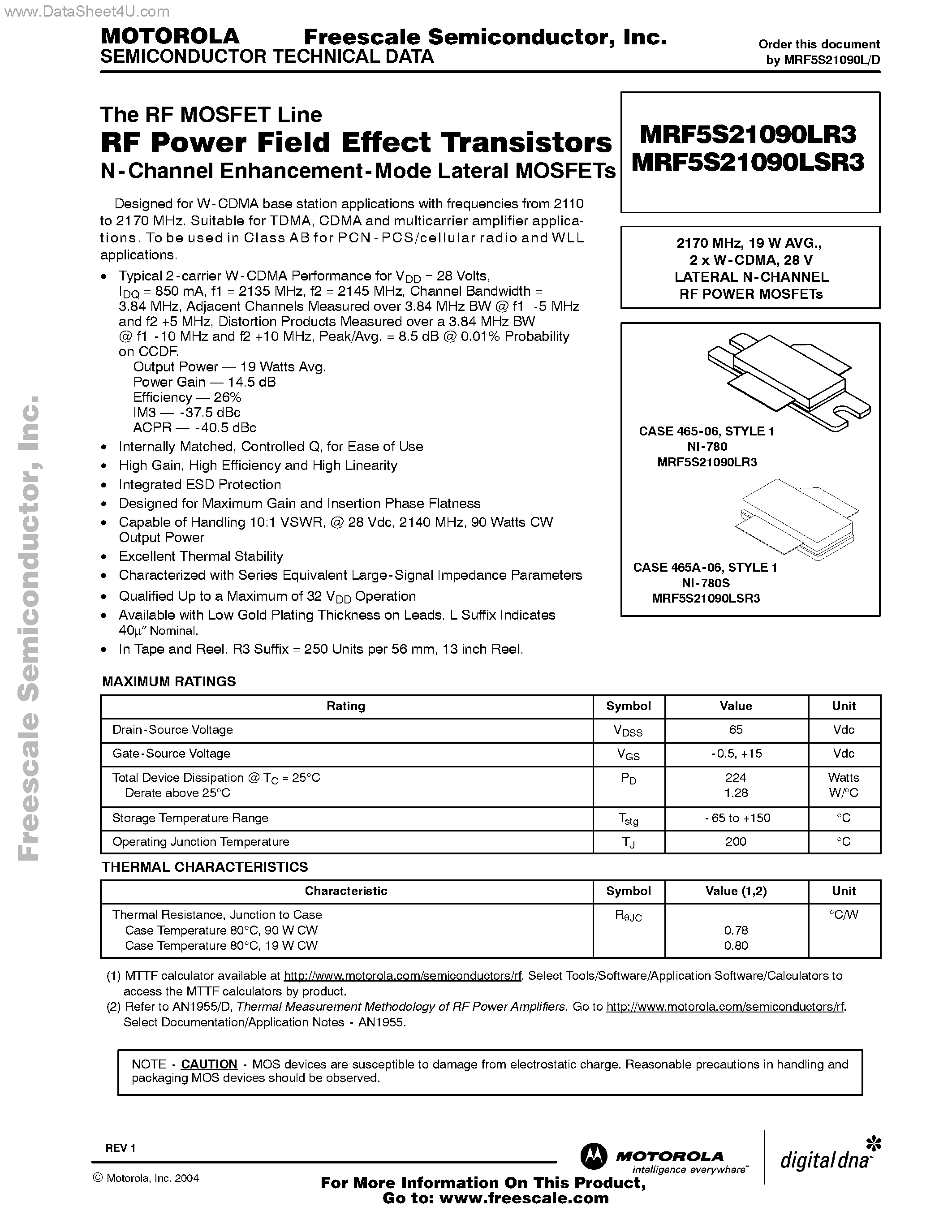 Datasheet MRF5S21090LR3 page 1 Datasheet MRF5S21090LR3 - RF Power Field Effect Transistors page 1