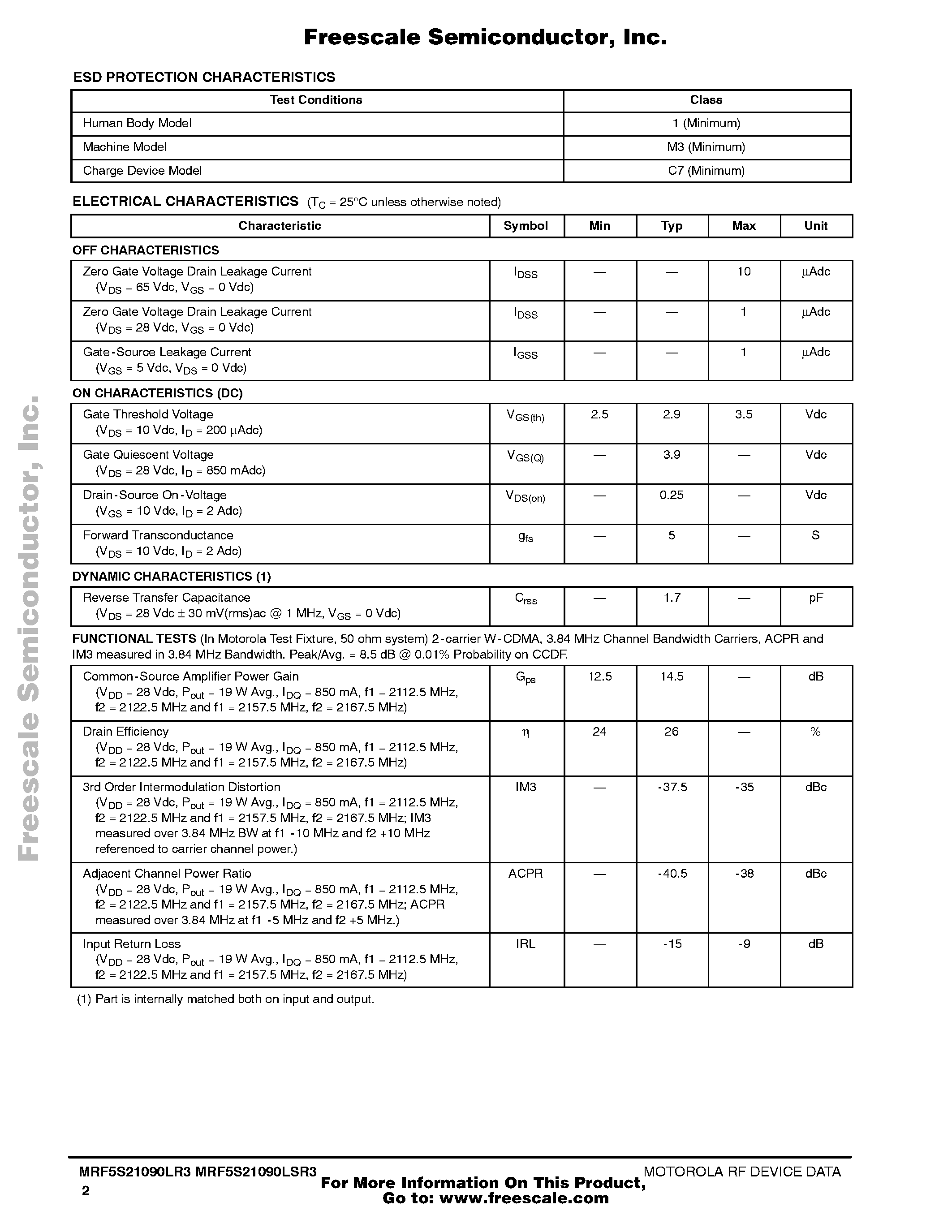 Datasheet MRF5S21090LR3 page 2 Datasheet MRF5S21090LR3 - RF Power Field Effect Transistors page 2