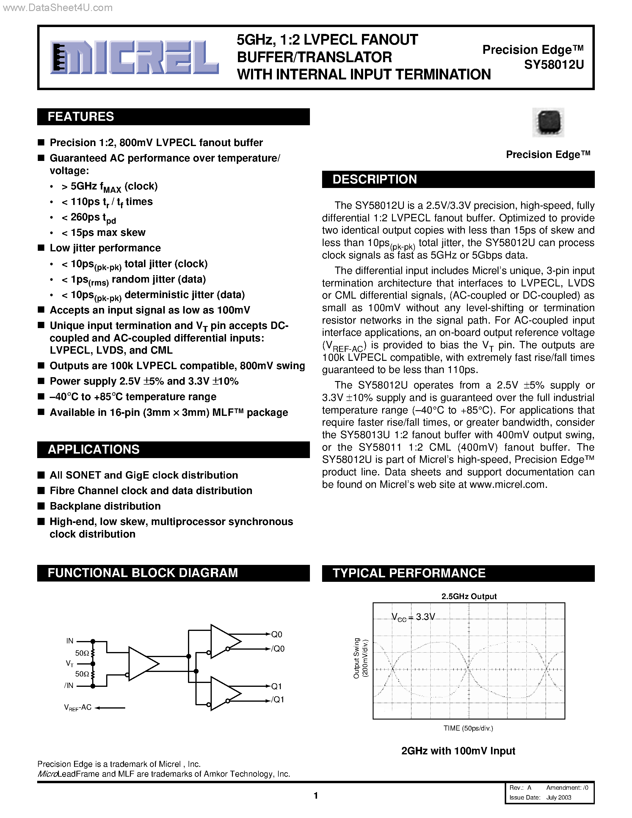 Datasheet SY58012U page 1 Datasheet SY58012U - 1:2 LVPECL FANOUT BUFFER/TRANSLATOR page 1