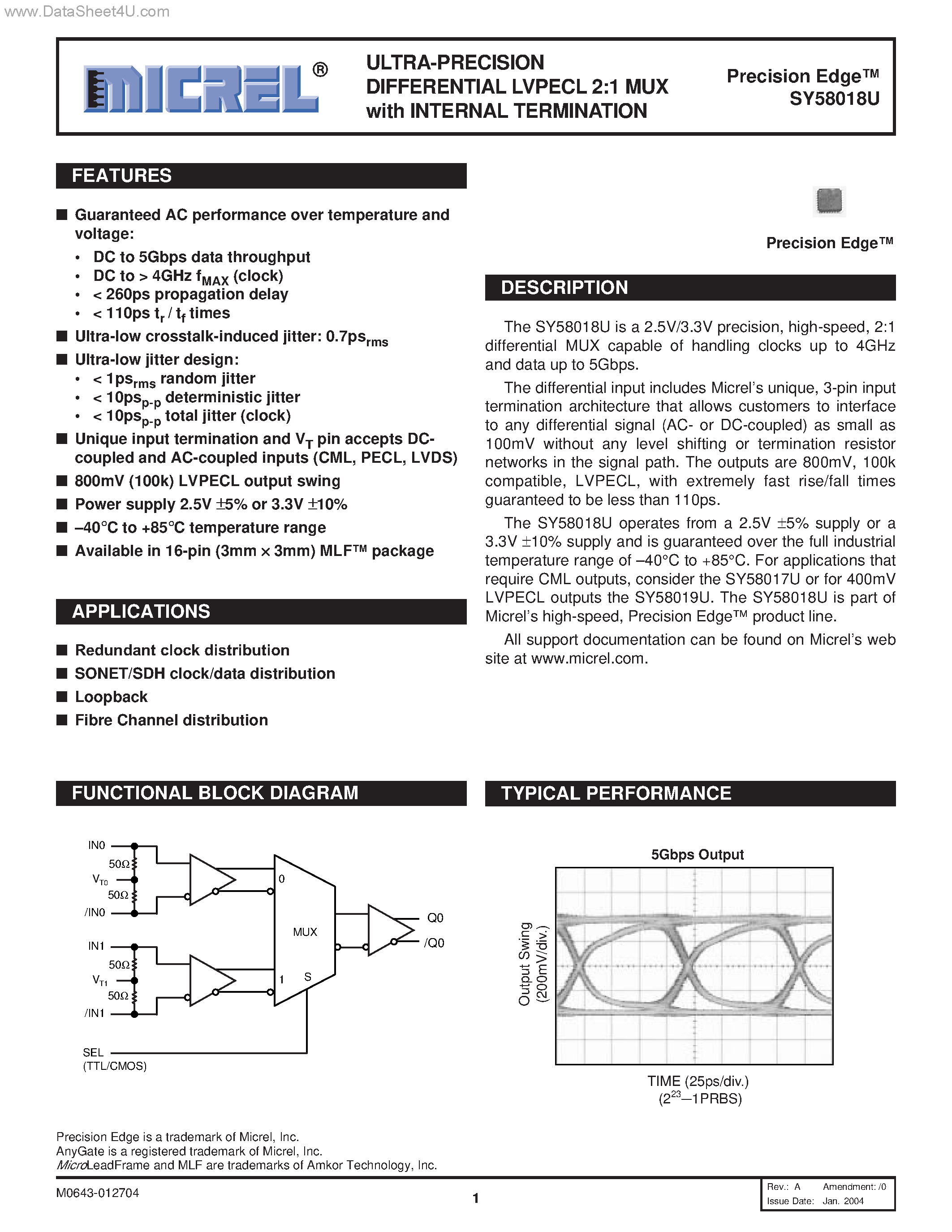 Datasheet SY58018U - ULTRA-PRECISION DIFFERENTIAL LVPECL 2:1 MUX page 1