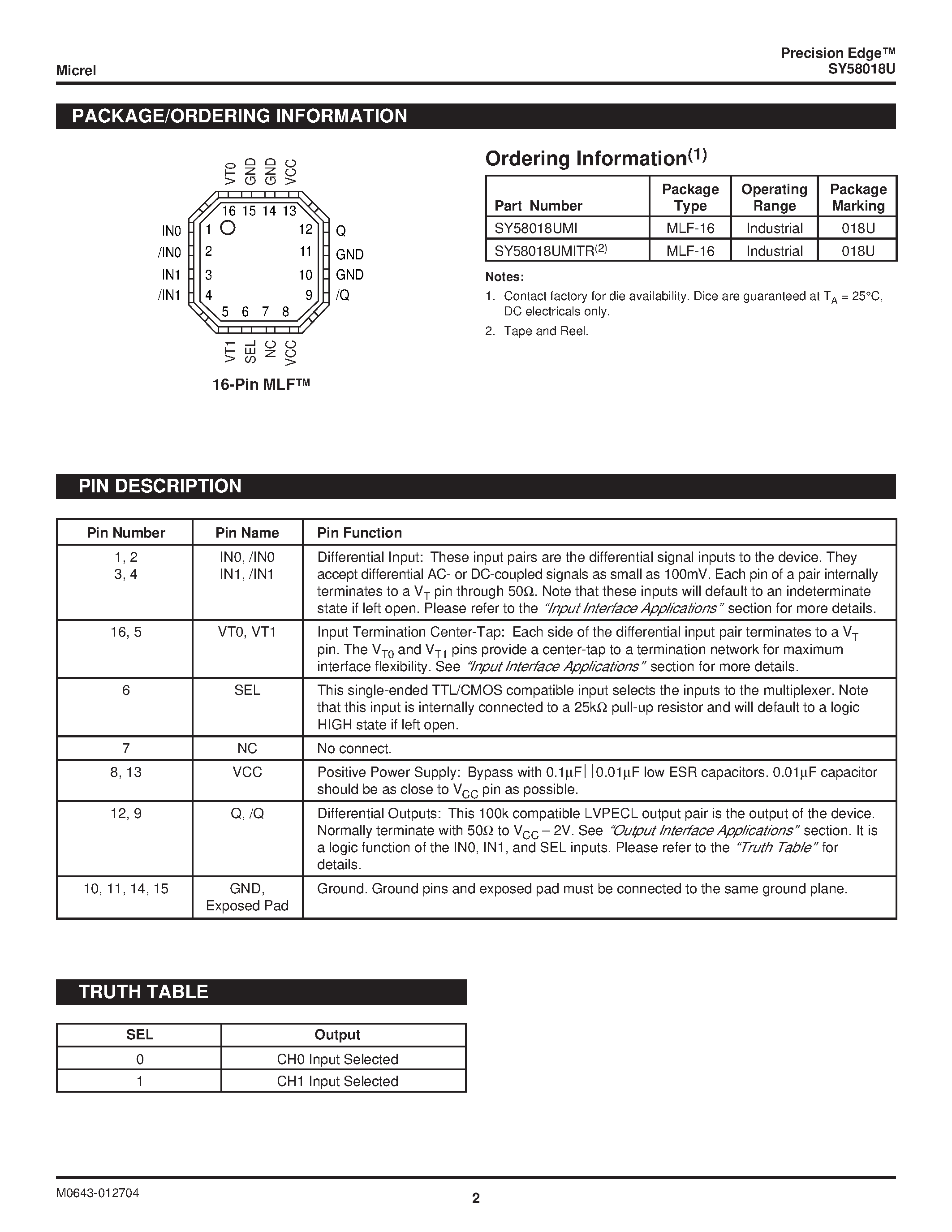 Datasheet SY58018U - ULTRA-PRECISION DIFFERENTIAL LVPECL 2:1 MUX page 2