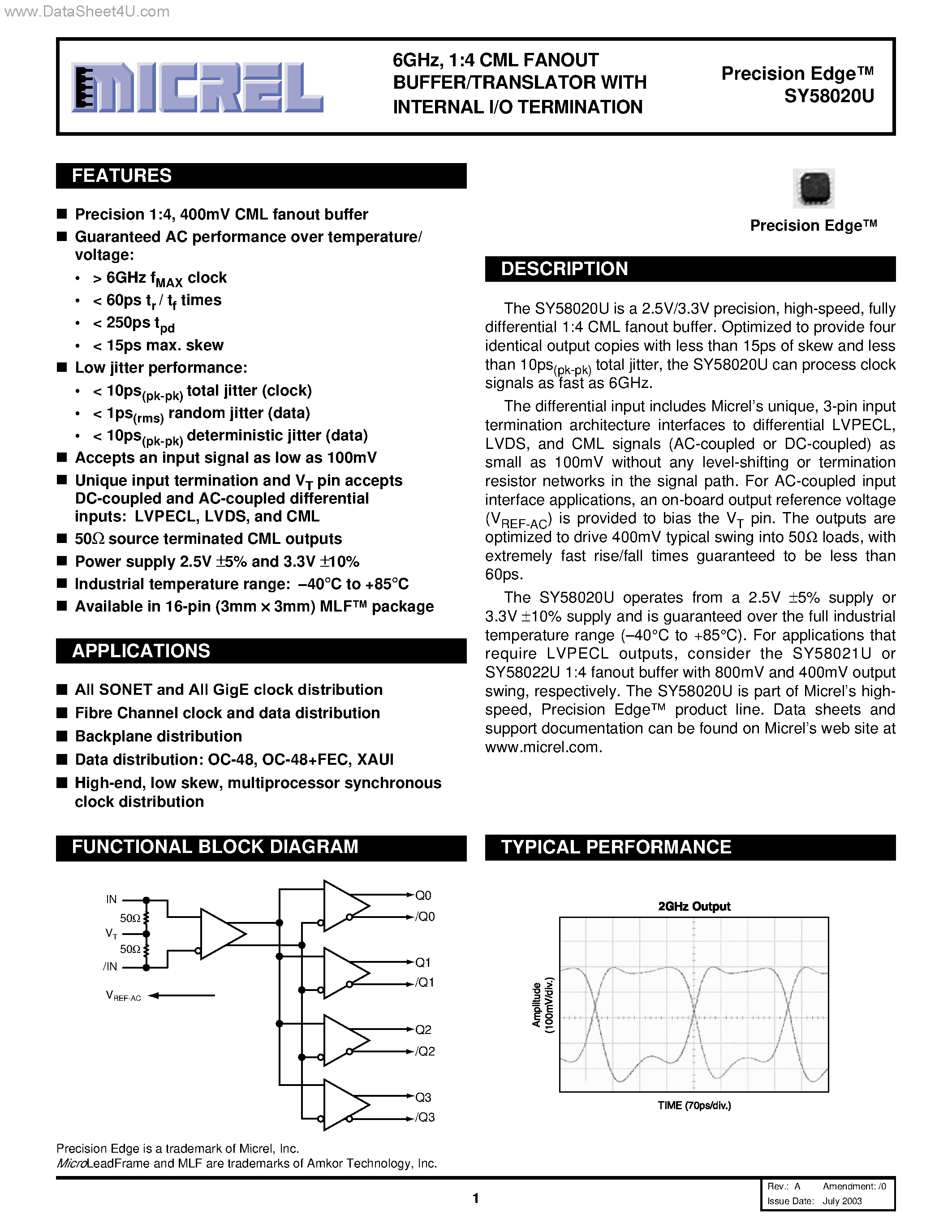 Даташит на микросхему SY58020U страница 1 Даташит SY58020U - FANOUT BUFFER/TRANSLATOR страница 1