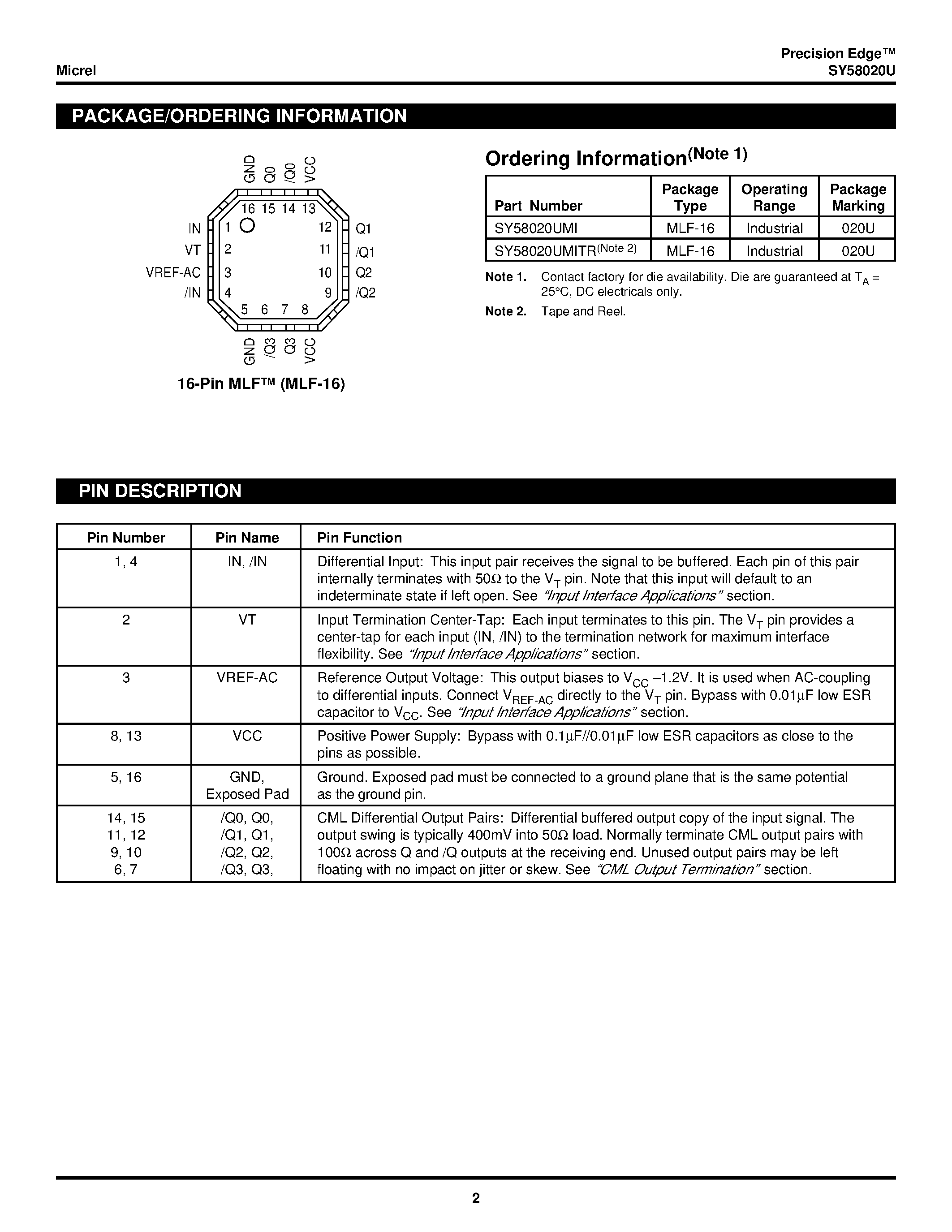 Даташит на микросхему SY58020U страница 2 Даташит SY58020U - FANOUT BUFFER/TRANSLATOR страница 2