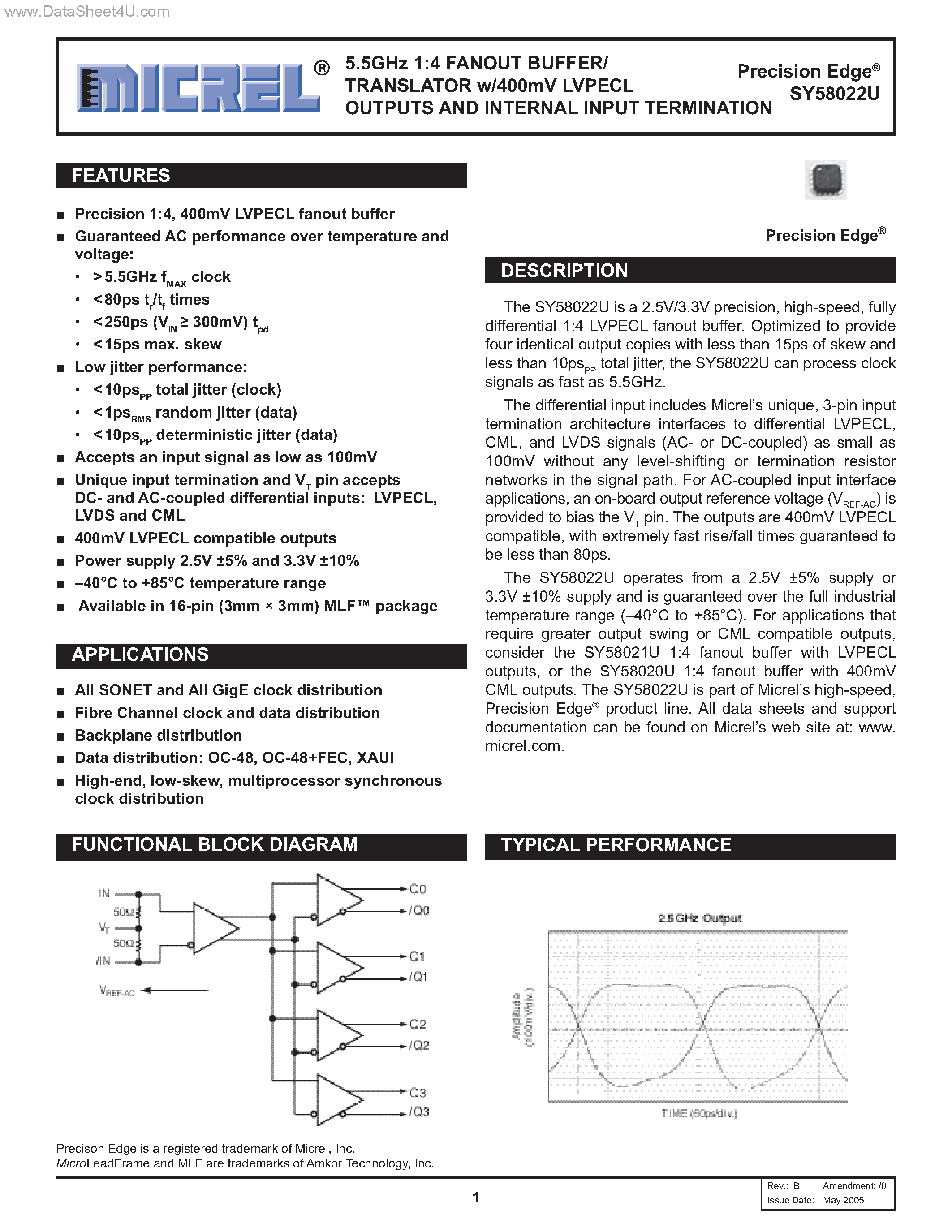 Даташит на микросхему SY58022U страница 1 Даташит SY58022U - FANOUT BUFFER/TRANSLATOR страница 1
