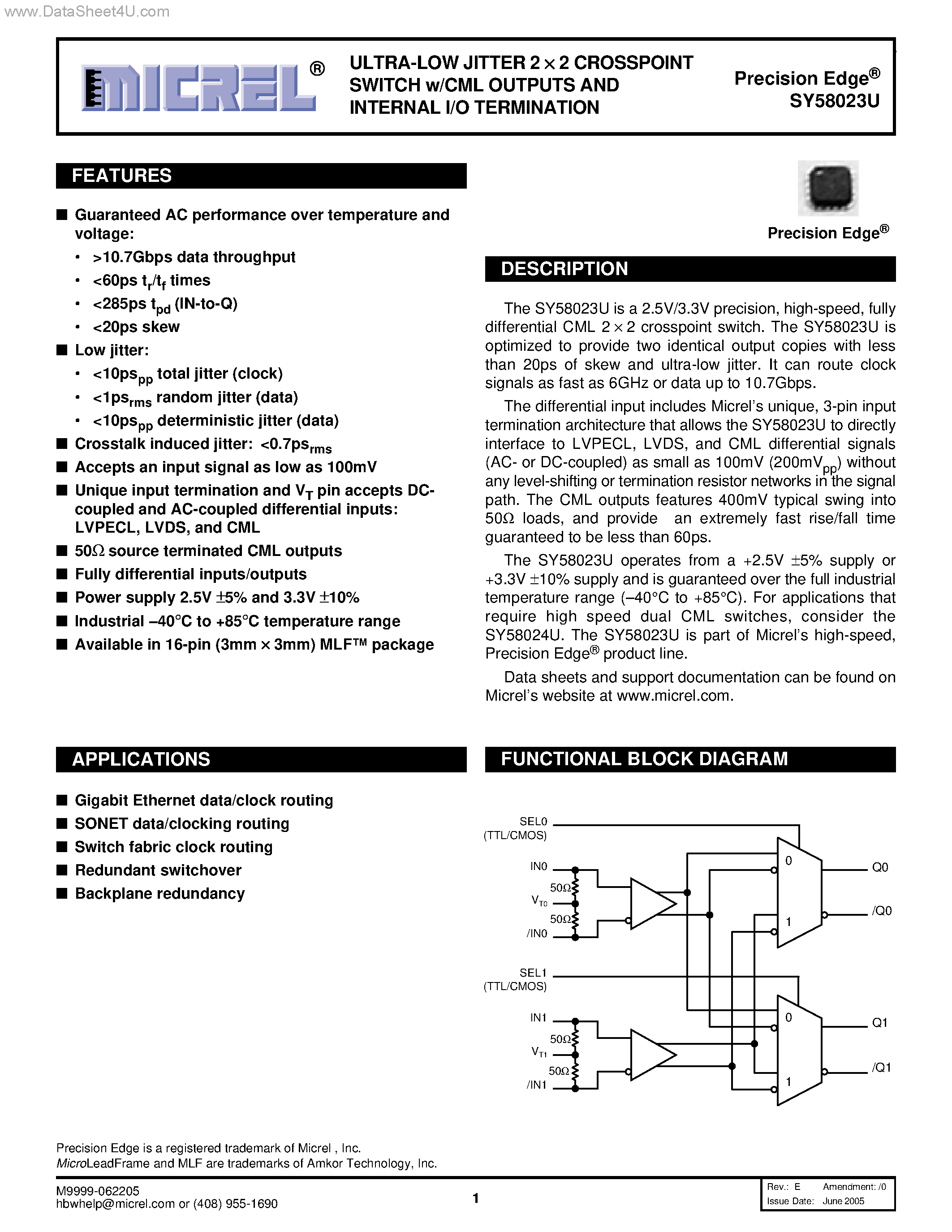 Даташит SY58023U - ULTRA-LOW JITTER 2 x 2 CROSSPOINT SWITCH страница 1