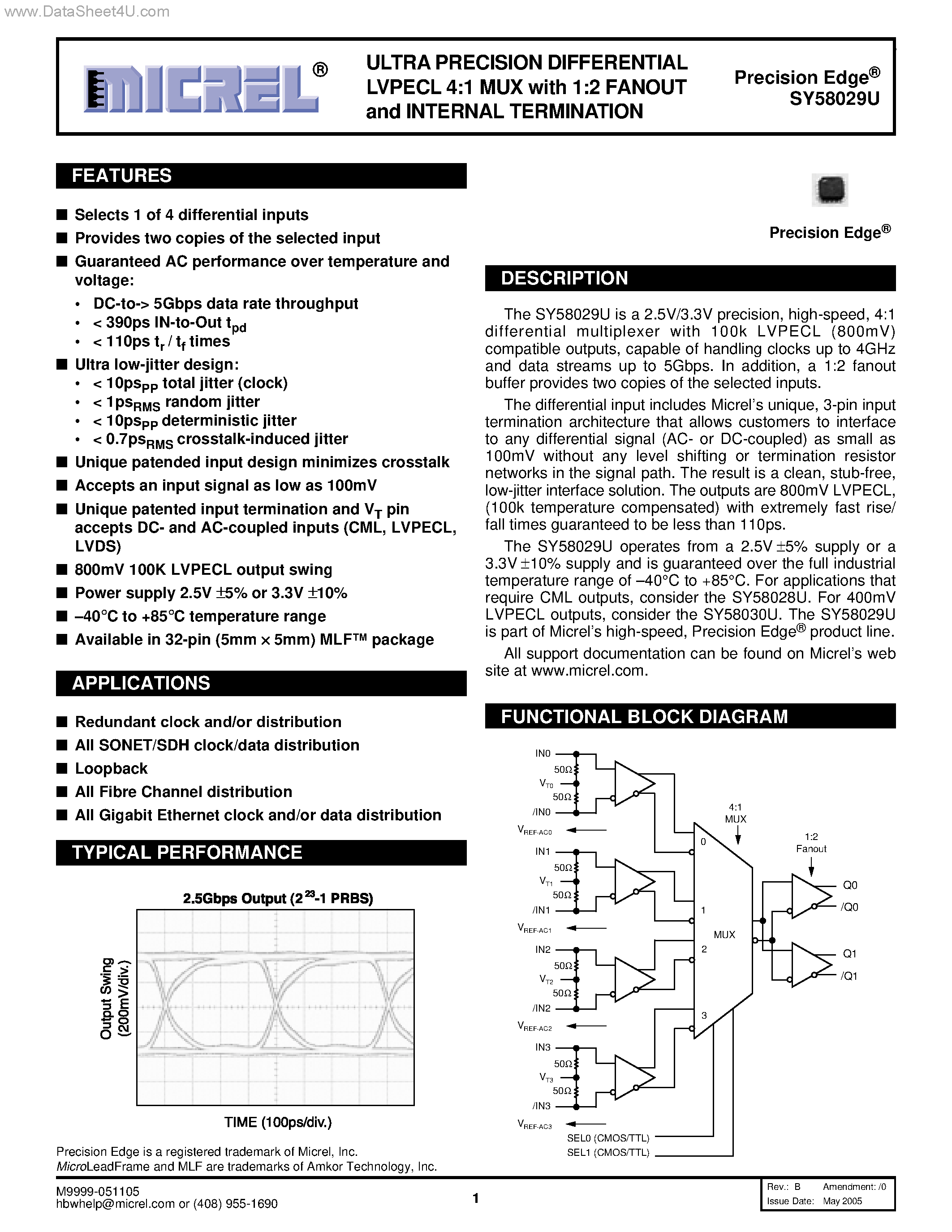 Datasheet SY58029U - ULTRA PRECISION DIFFERENTIAL LVPECL 4:1 MUX page 1